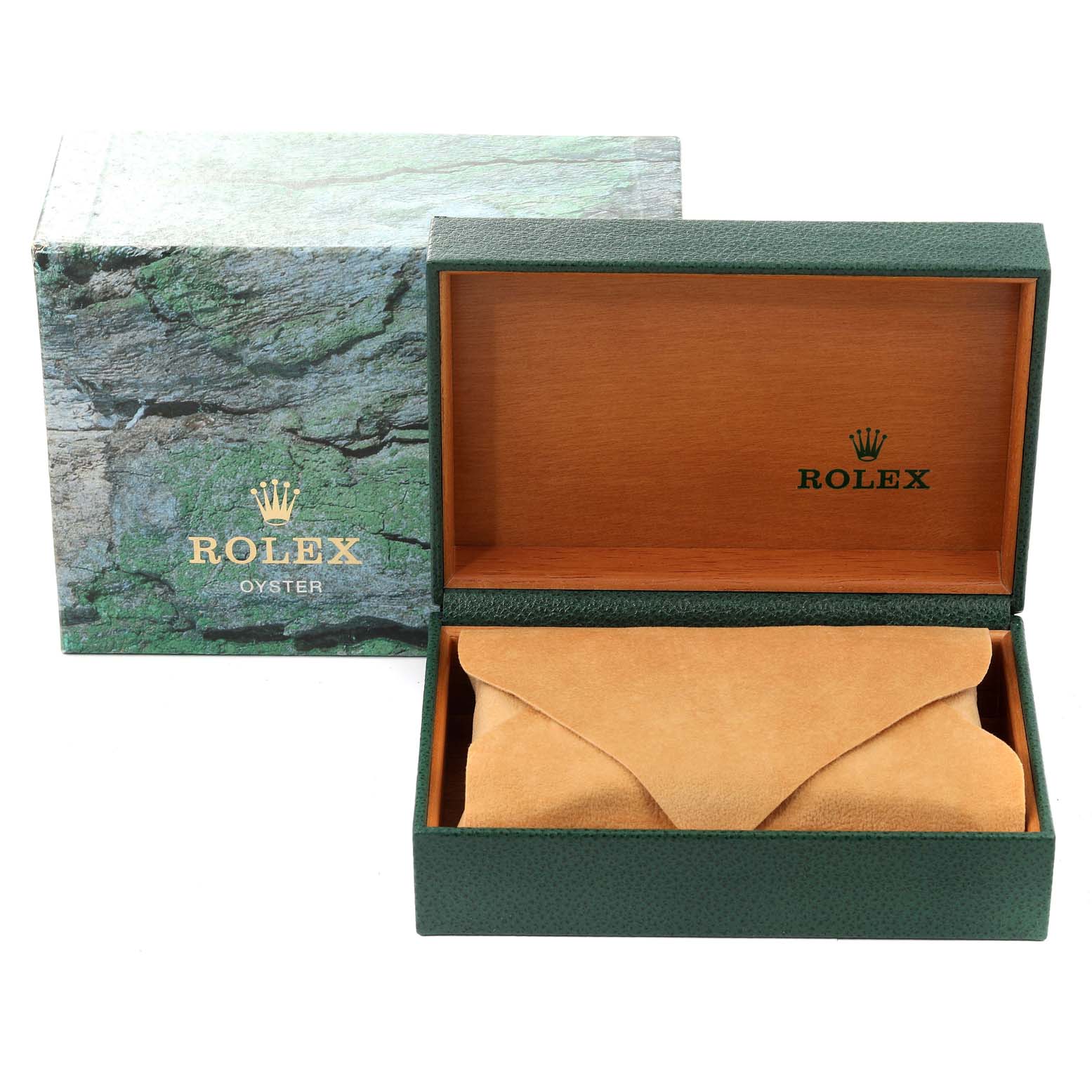 The image shows an open Rolex Air-King 14000 Men's Stainless Steel Silver Dial 14000 Men's Stainless Steel Silver Dial watch box with a green cover, revealing a lined interior and a tan suede pouch.