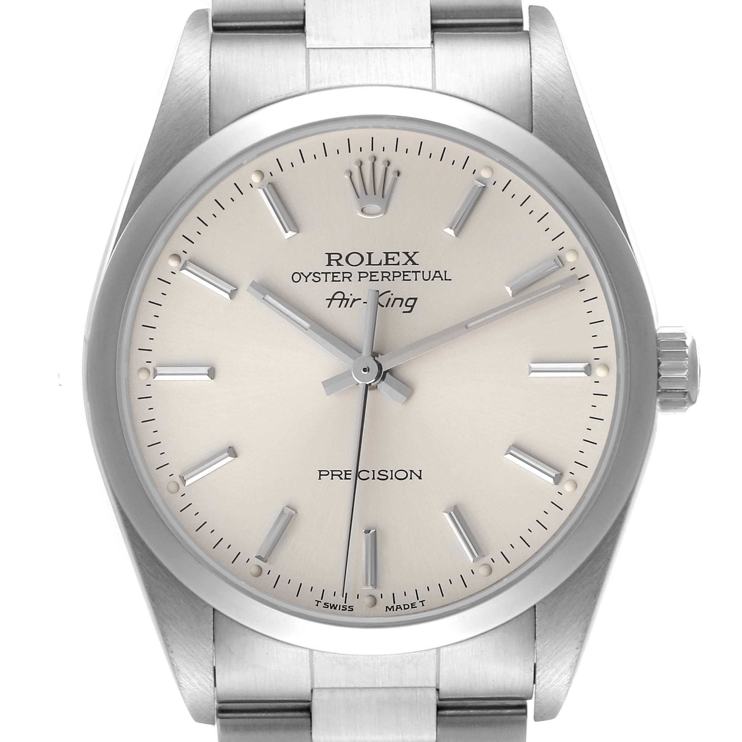 This image shows a front view of a Rolex Air-King 14000 Men's Stainless Steel Silver Dial 14000 Men's Stainless Steel Silver Dial watch, highlighting the dial, hands, crown, and part of the bracelet.