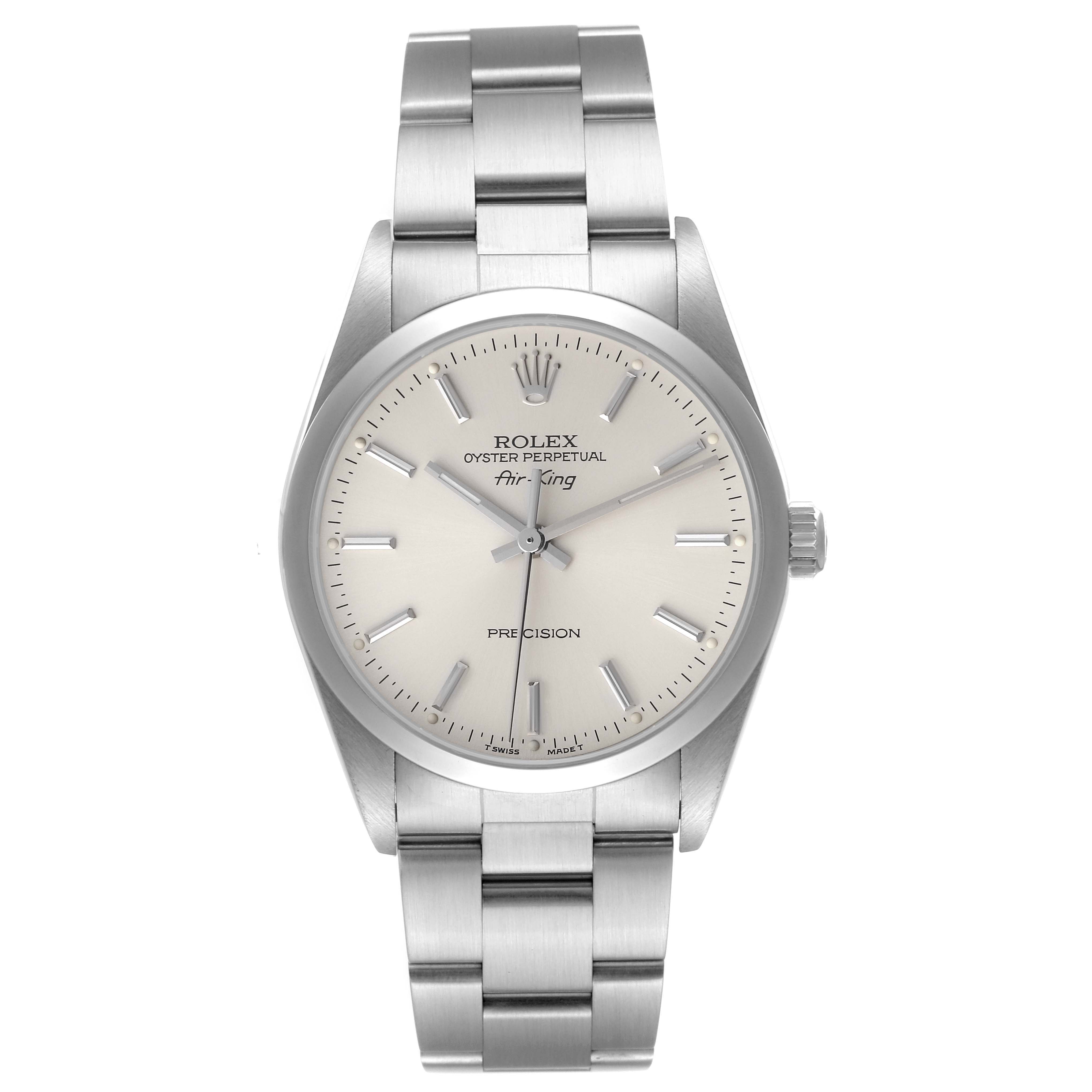 This Rolex Air-King 14000 Men's Stainless Steel Silver Dial 14000 Men's Stainless Steel Silver Dial watch is shown from the front, displaying its dial, case, and metal bracelet.