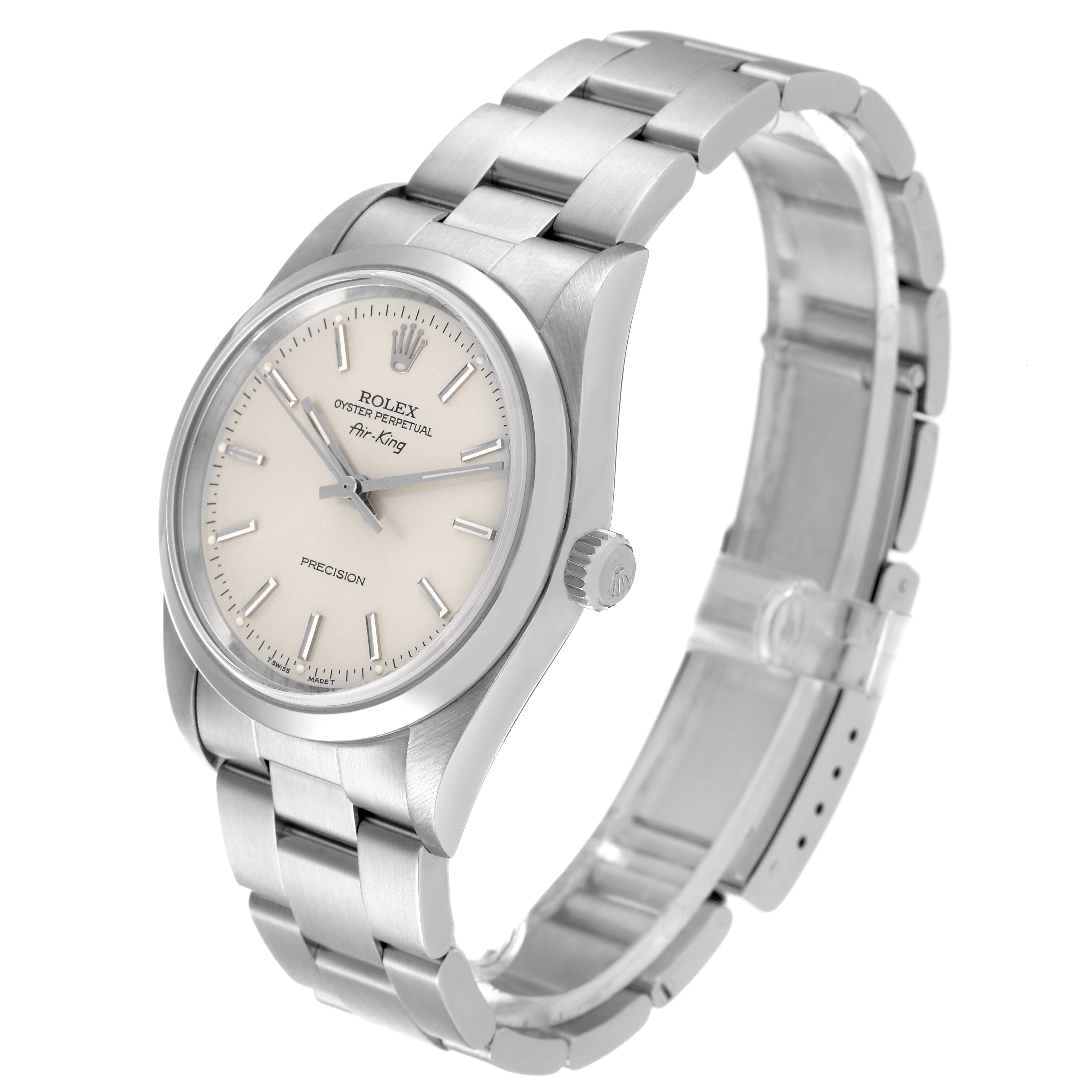 The image shows a side angle of the Rolex Air-King 14000 Men's Stainless Steel Silver Dial 14000 Men's Stainless Steel Silver Dial watch, displaying its face, bezel, crown, and bracelet.