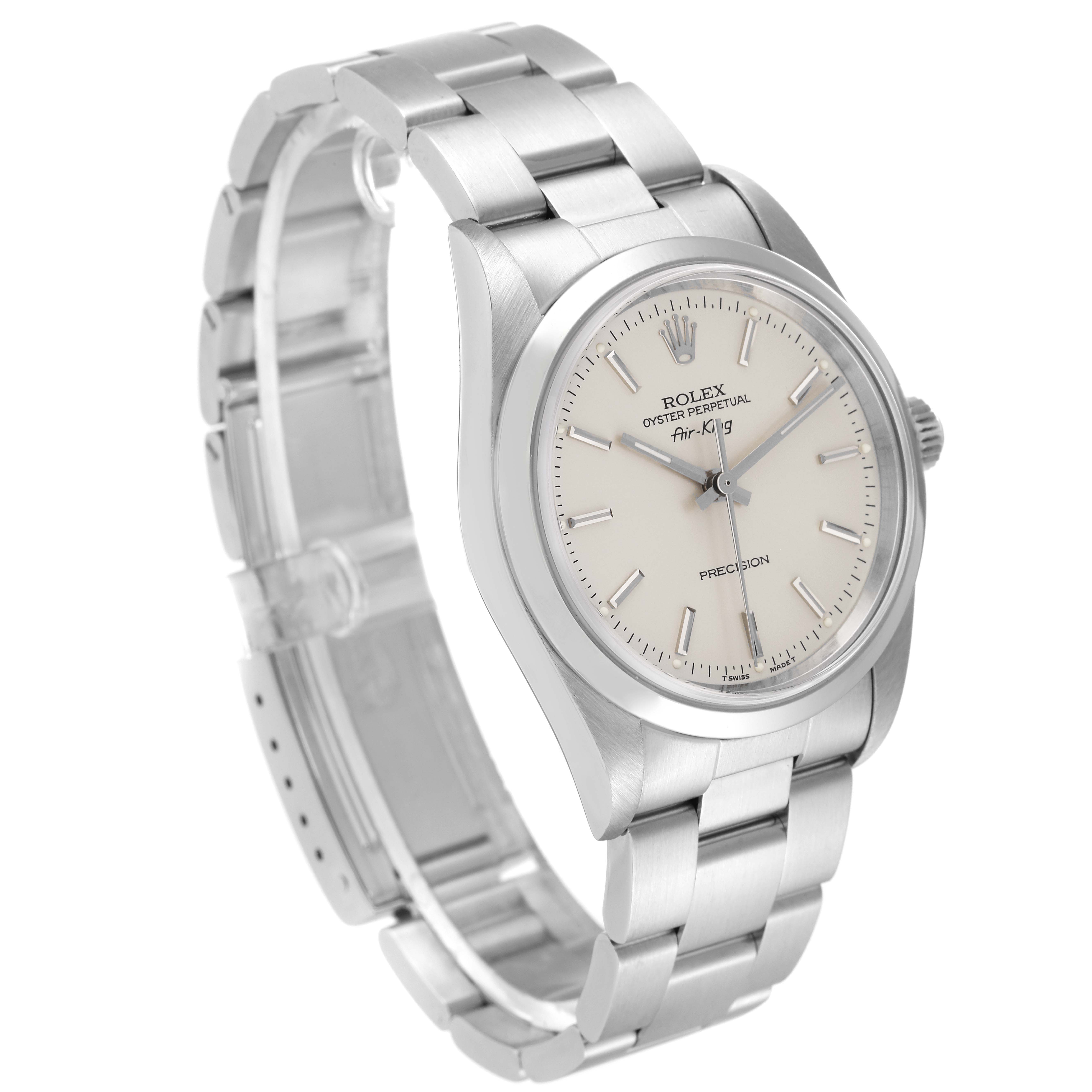 The image shows the Rolex Air-King 14000 Men's Stainless Steel Silver Dial 14000 Men's Stainless Steel Silver Dial watch at a three-quarter angle, highlighting the face, hands, bezel, and bracelet.