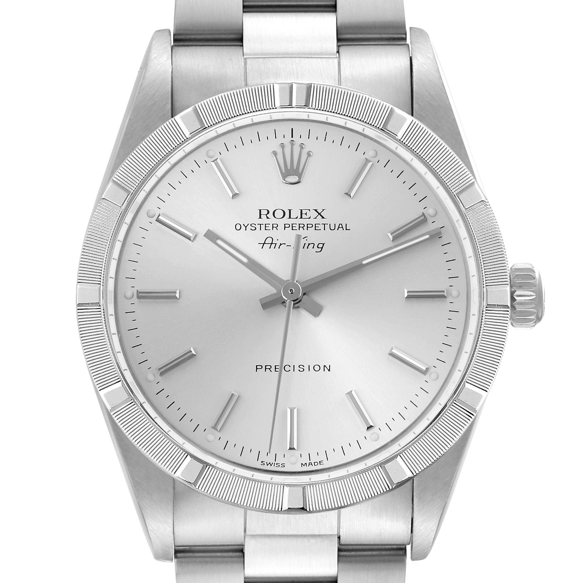 The Rolex Air-King 14010M Men's Stainless Steel Silver Dial 14010M Men's Stainless Steel Silver Dial watch is shown from a front angle, displaying the full dial, bezel, crown, and part of the bracelet.