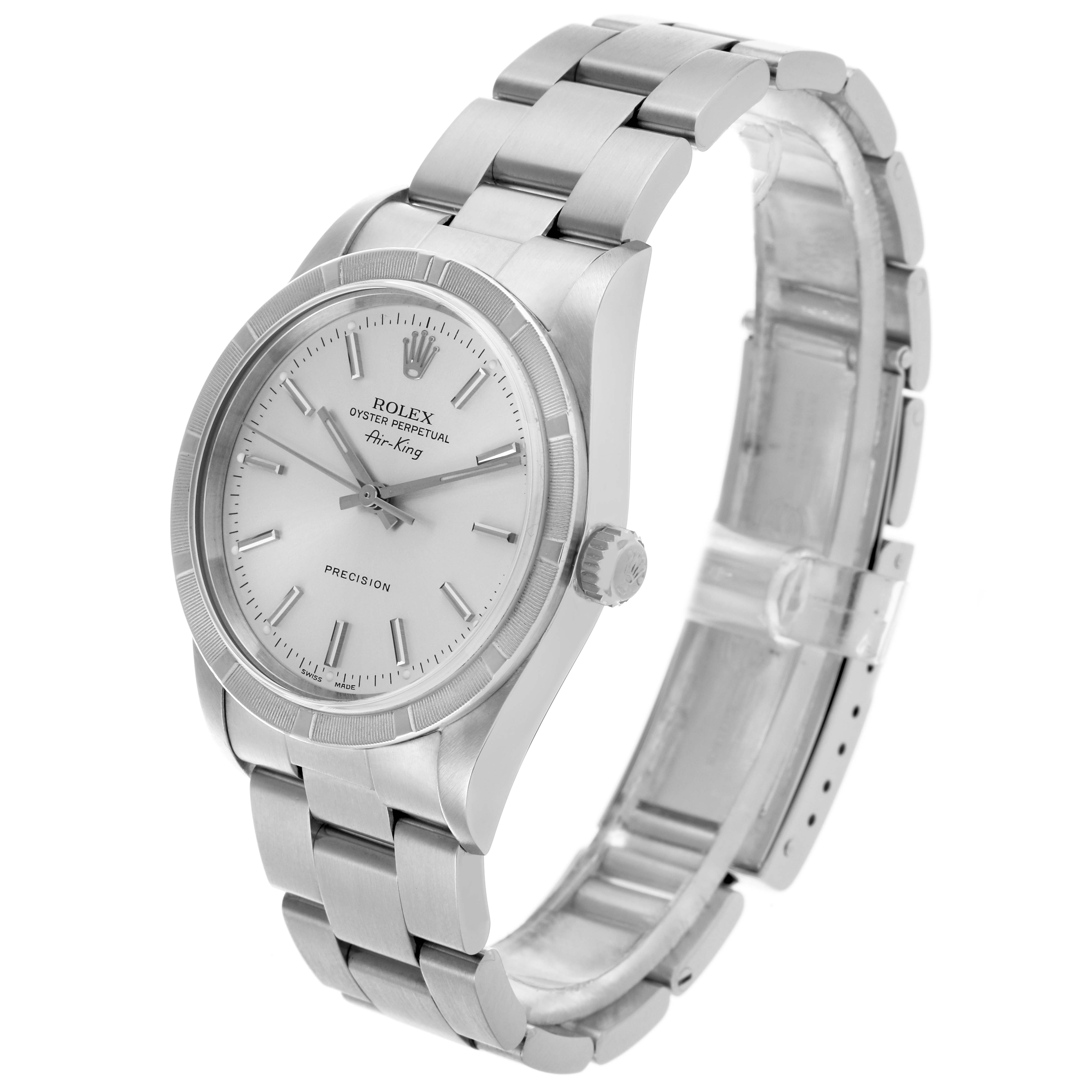 The Rolex Air-King 14010M Men's Stainless Steel Silver Dial 14010M Men's Stainless Steel Silver Dial watch is shown at a three-quarter angle, highlighting the face, bezel, crown, and bracelet.