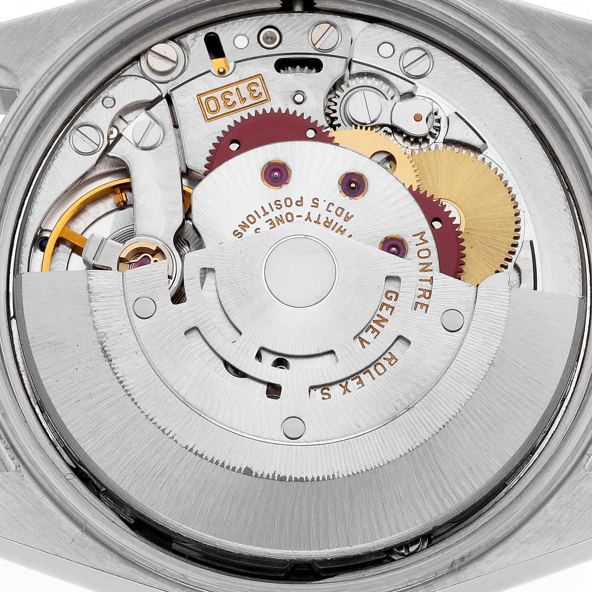 The image shows the movement mechanism of the Rolex Air-King 14010M Men's Stainless Steel Silver Dial 14010M Men's Stainless Steel Silver Dial, highlighting gears and components from a back view.