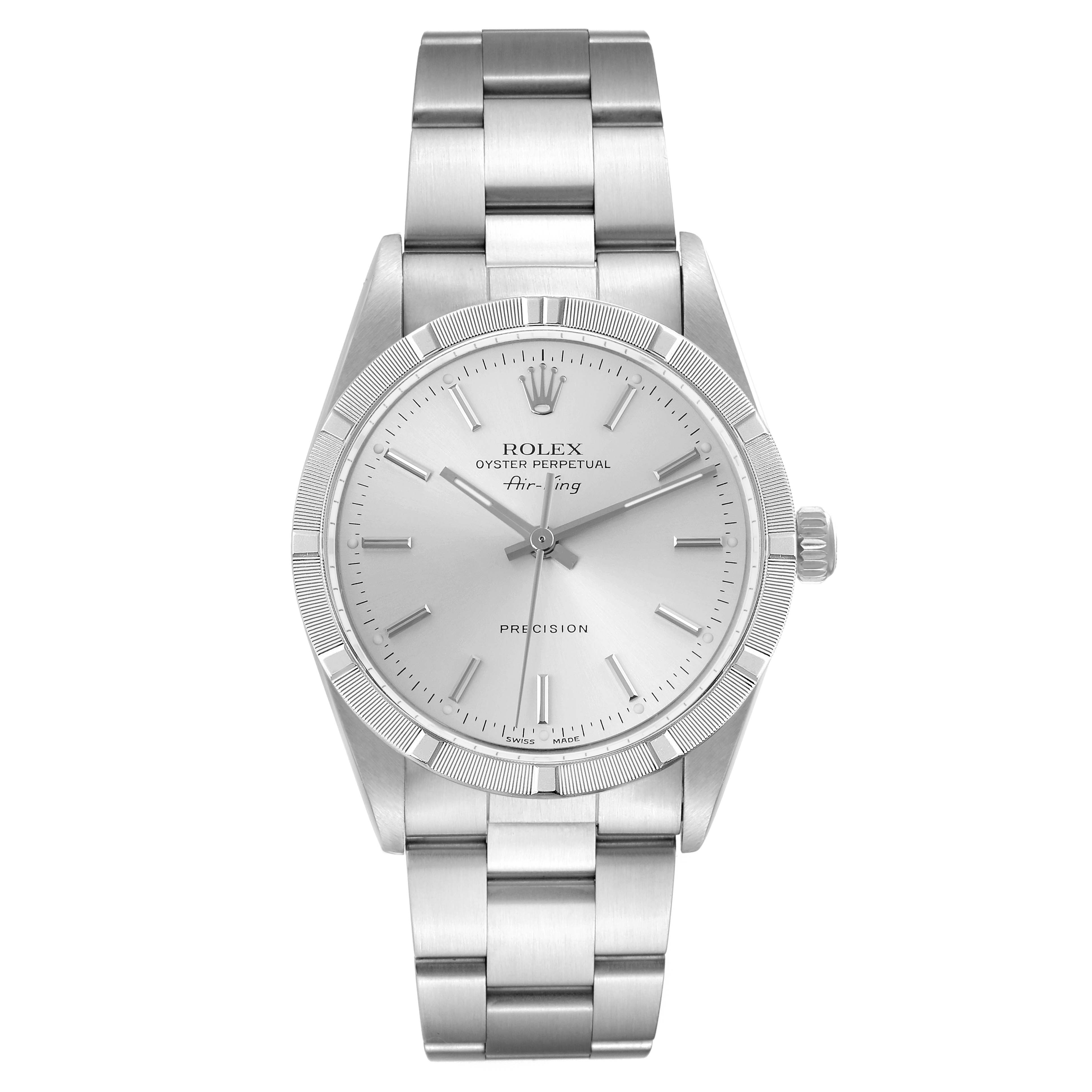 The Rolex Air-King 14010M Men's Stainless Steel Silver Dial 14010M Men's Stainless Steel Silver Dial watch is shown from a front angle, displaying the face, bezel, and bracelet.