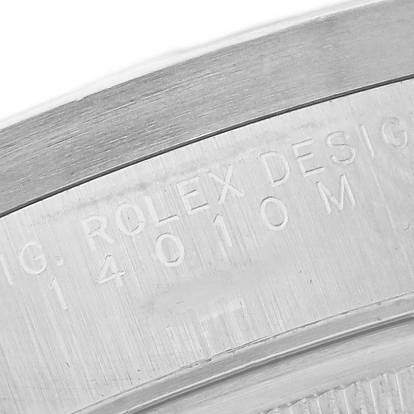 The image shows a close-up of the engraved case back of a Rolex Air-King 14010M Men's Stainless Steel Silver Dial 14010M Men's Stainless Steel Silver Dial watch, highlighting its model number.
