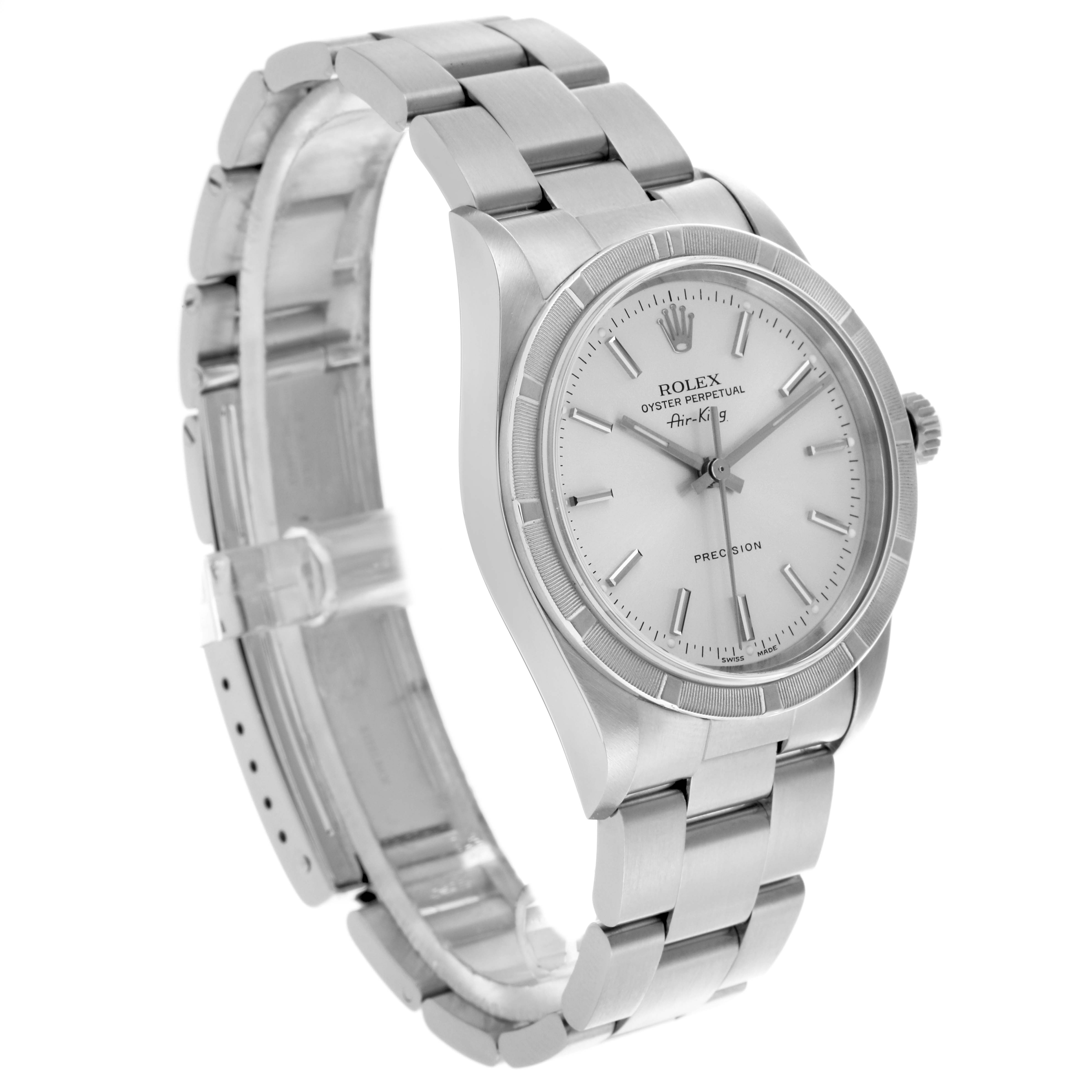 The Rolex Air-King 14010M Men's Stainless Steel Silver Dial 14010M Men's Stainless Steel Silver Dial is shown at a three-quarter angle, displaying the face, bezel, and stainless steel bracelet.