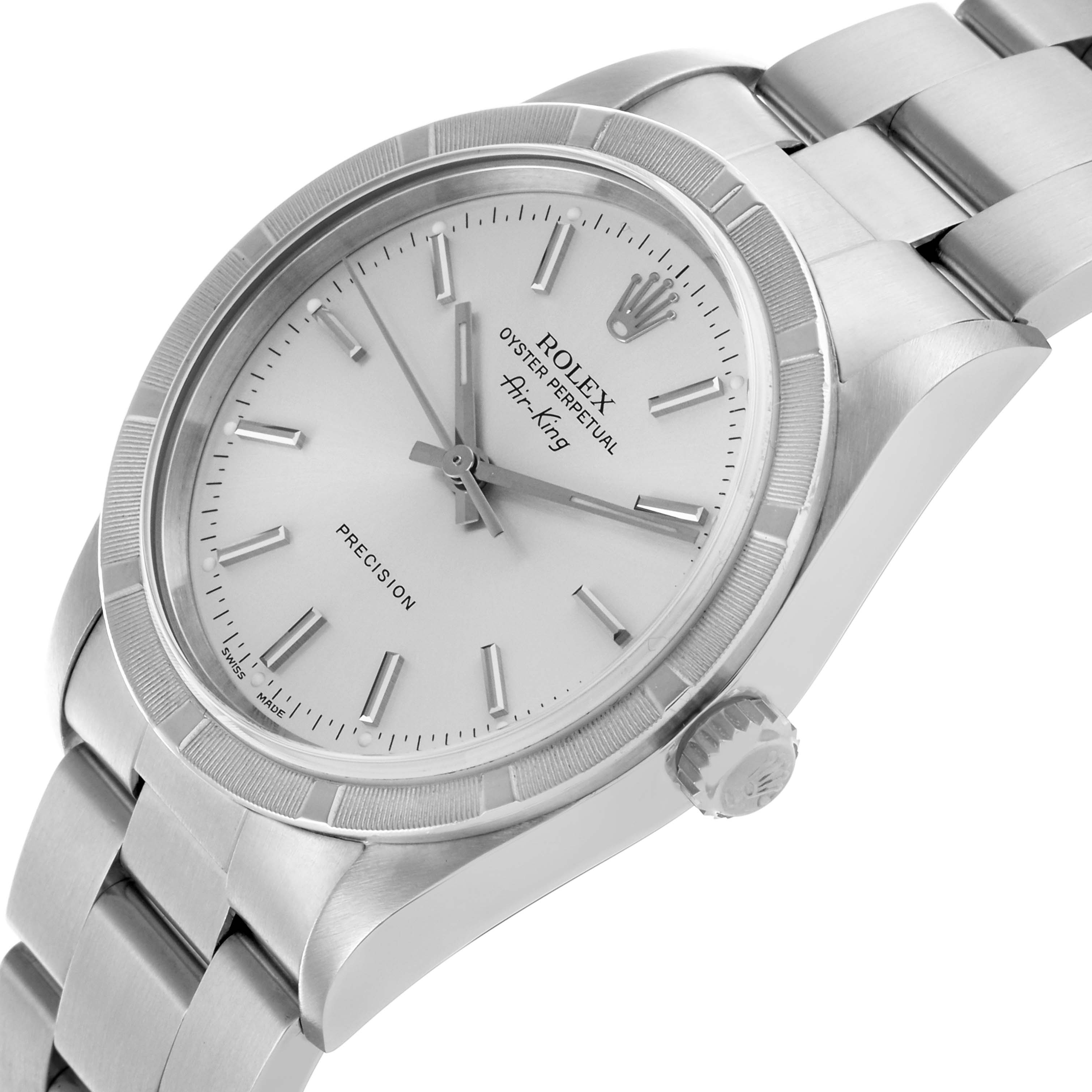 The Rolex Air-King 14010M Men's Stainless Steel Silver Dial 14010M Men's Stainless Steel Silver Dial watch is shown at an angle highlighting the face, crown, and bracelet.