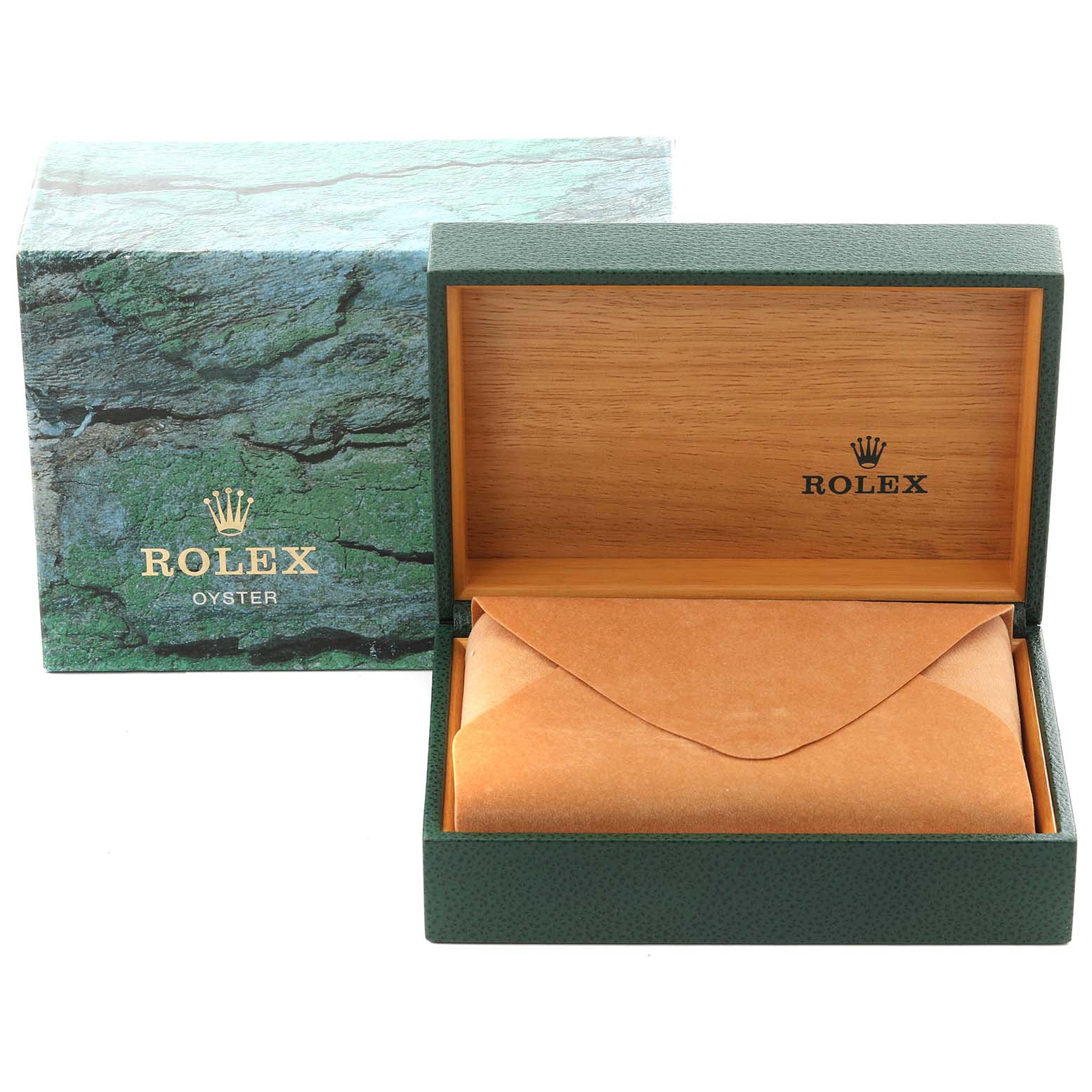 The image shows a Rolex Air-King 14010M Men's Stainless Steel Silver Dial 14010M Men's Stainless Steel Silver Dial watch box and cover, with the open box revealing the interior lining.