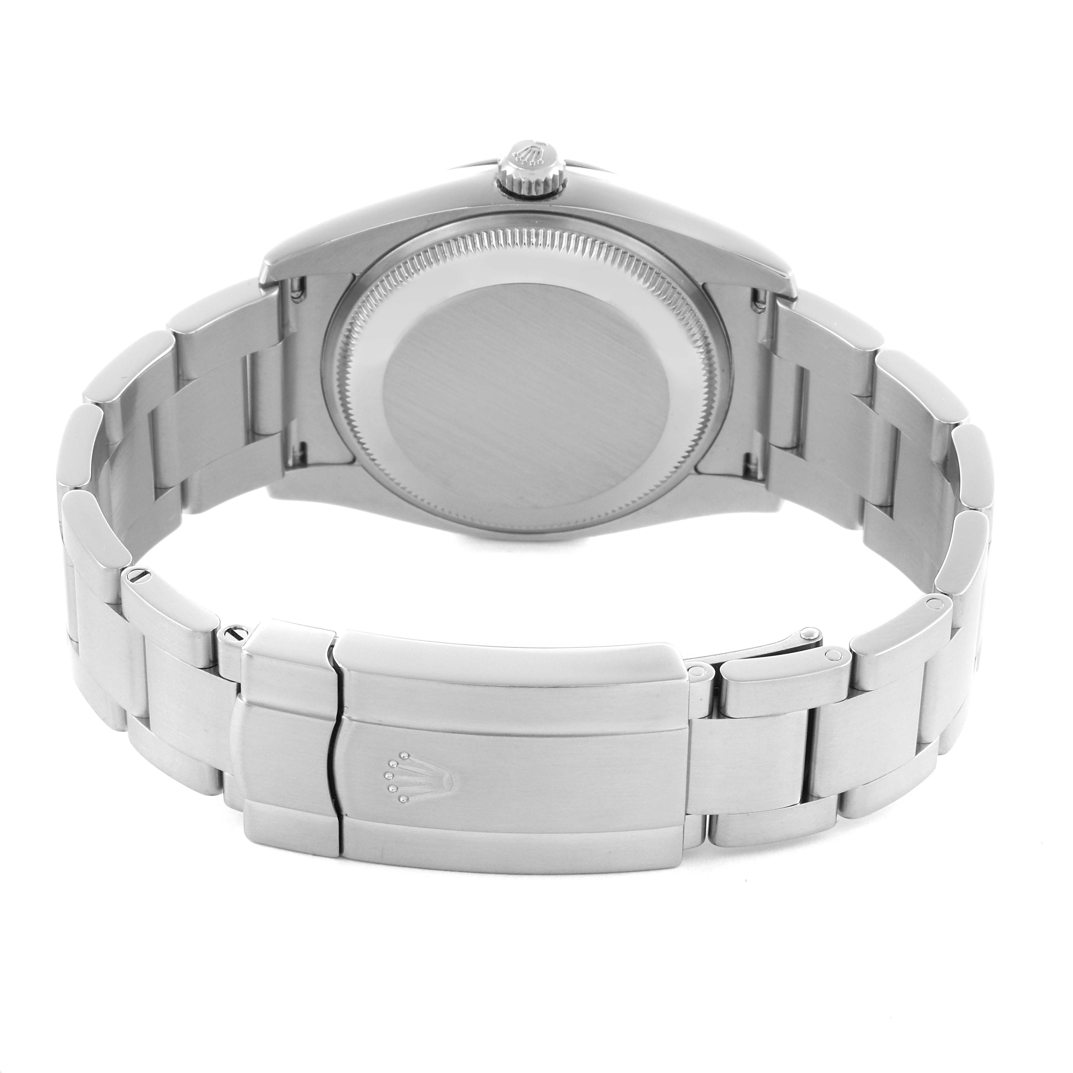 The Rolex Air-King 114200 Men's Stainless Steel Silver Dial 114200 Men's Stainless Steel Silver Dial is shown from the back, featuring the bracelet, clasp, and caseback.