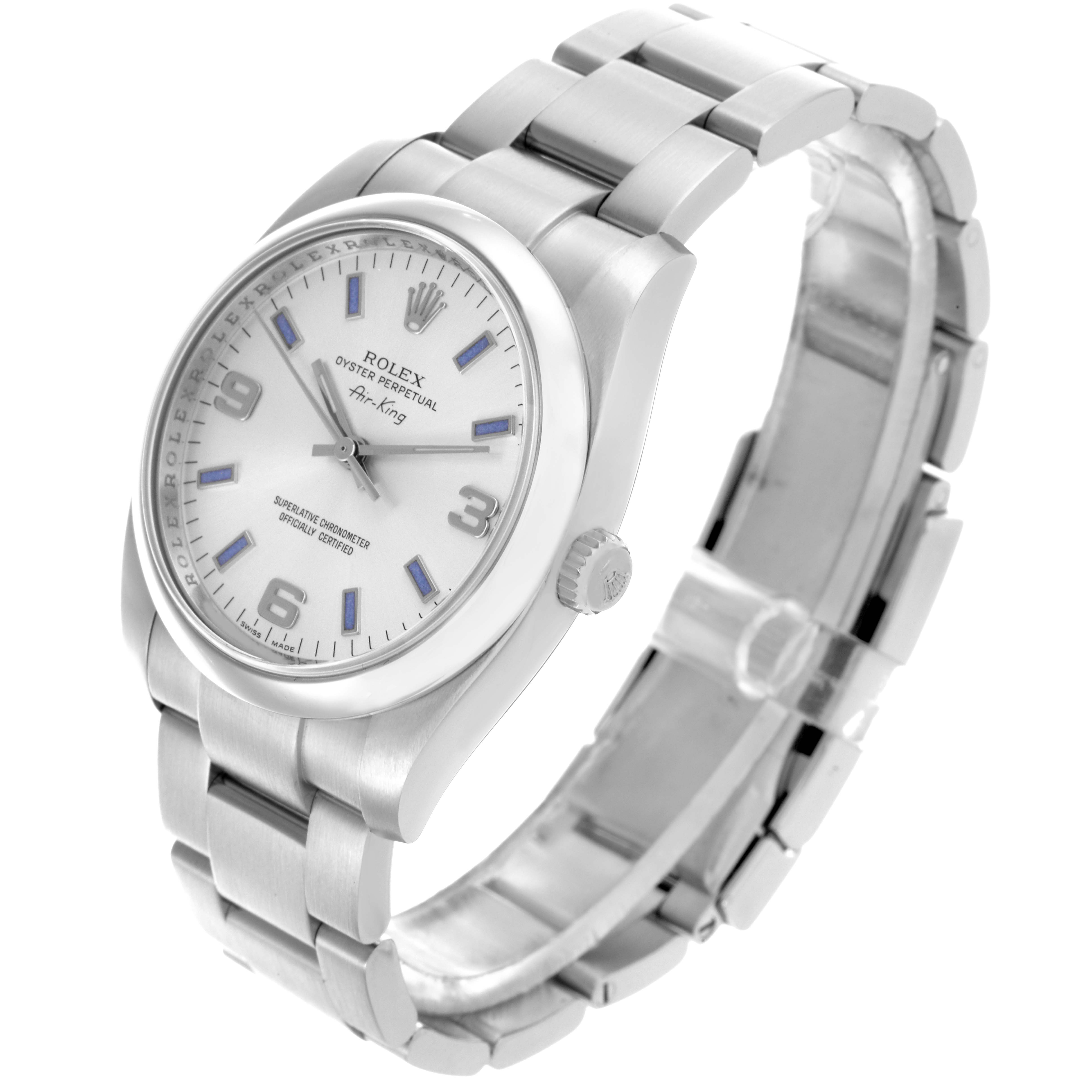The Rolex Air-King 114200 Men's Stainless Steel Silver Dial 114200 Men's Stainless Steel Silver Dial watch is shown at a three-quarter angle, displaying the bracelet and dial clearly.