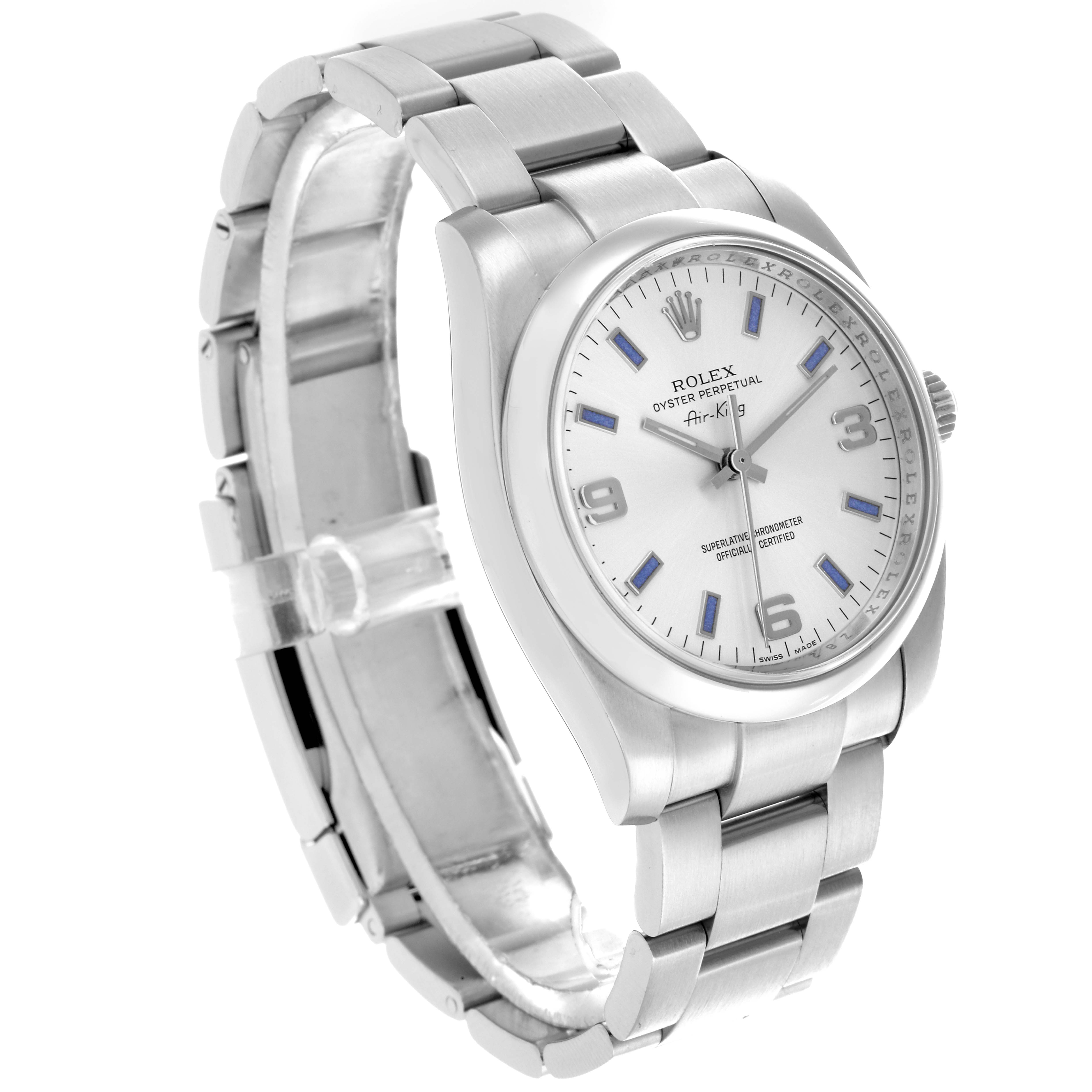 The Rolex Air-King 114200 Men's Stainless Steel Silver Dial 114200 Men's Stainless Steel Silver Dial watch is shown at a three-quarter angle, highlighting the face, bezel, crown, and bracelet.