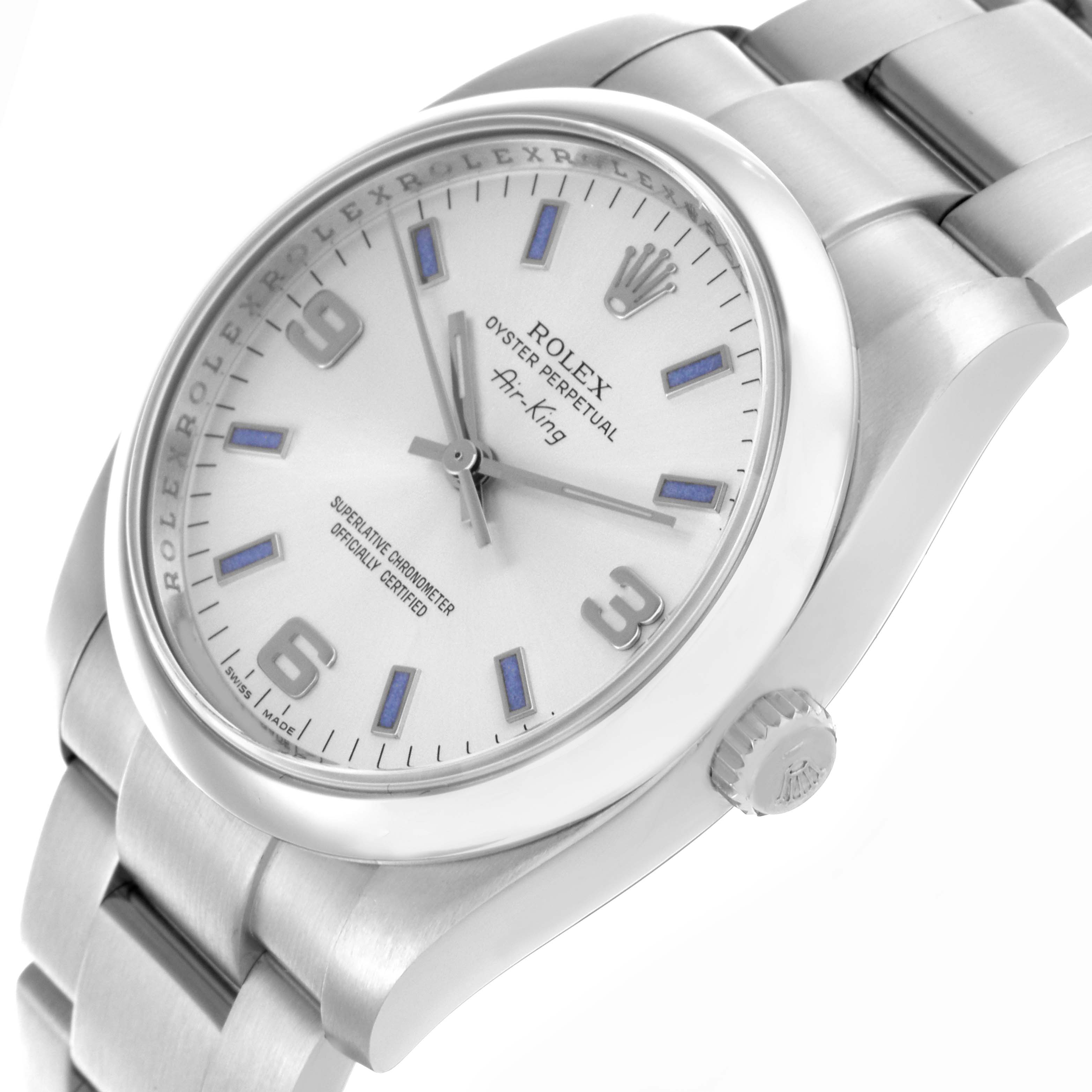 The Rolex Air-King 114200 Men's Stainless Steel Silver Dial 114200 Men's Stainless Steel Silver Dial watch is shown at a slightly angled side view, highlighting the dial, bezel, and part of the bracelet.