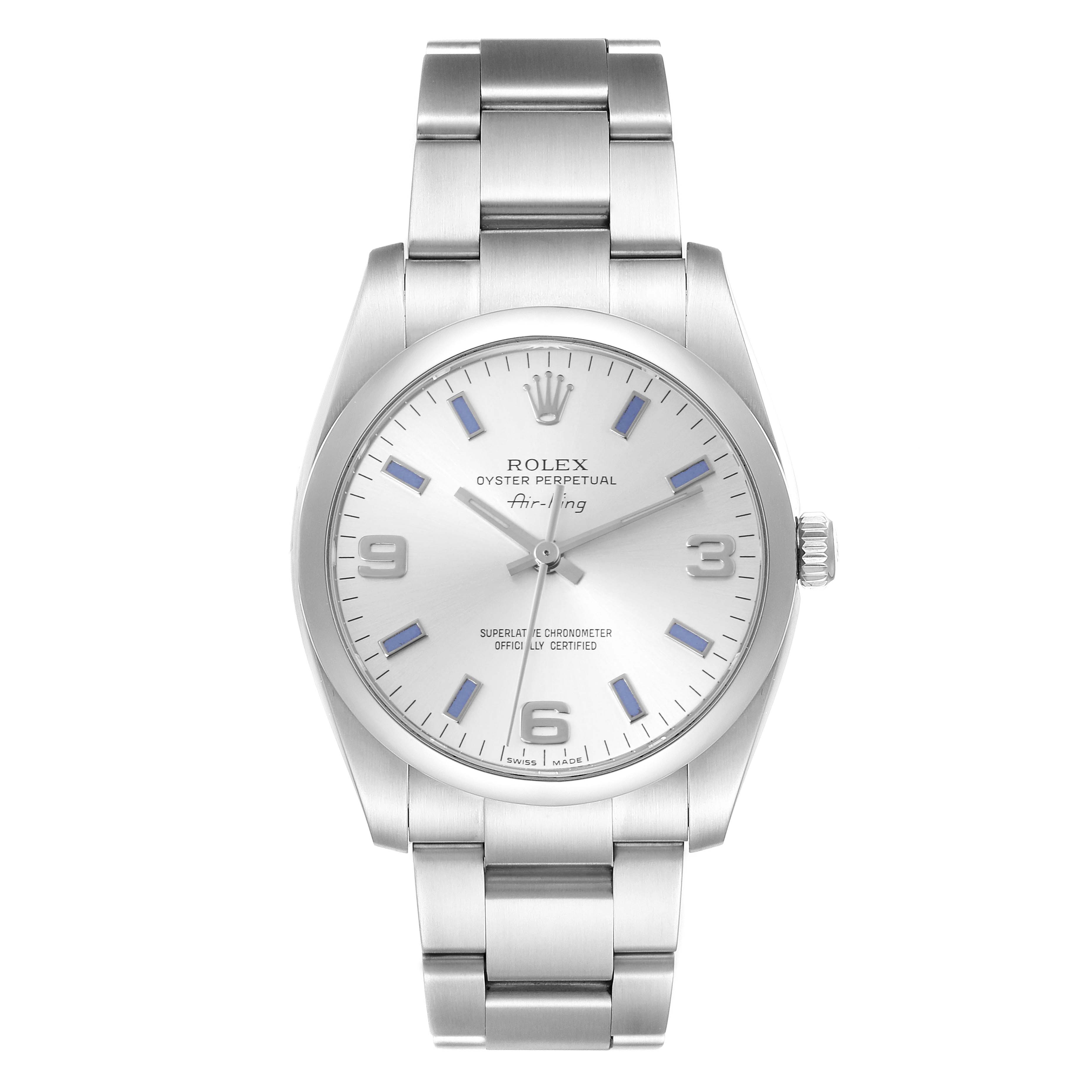 The Rolex Air-King 114200 Men's Stainless Steel Silver Dial 114200 Men's Stainless Steel Silver Dial watch is shown from a front angle, displaying the face, bezel, bracelet, and crown.