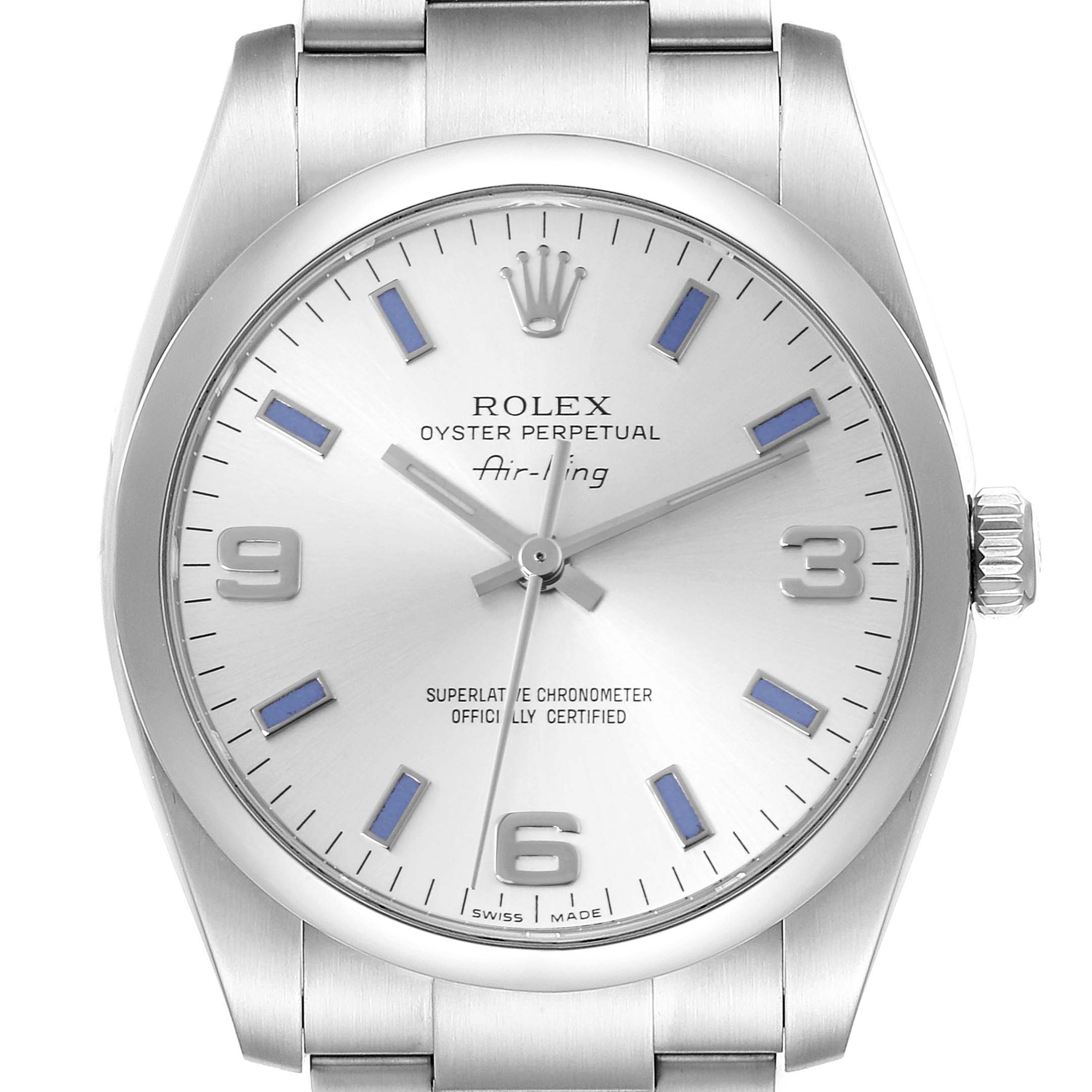 This image shows a front view of the Rolex Air-King 114200 Men's Stainless Steel Silver Dial 114200 Men's Stainless Steel Silver Dial watch, highlighting the dial, hands, markers, and part of the bracelet.