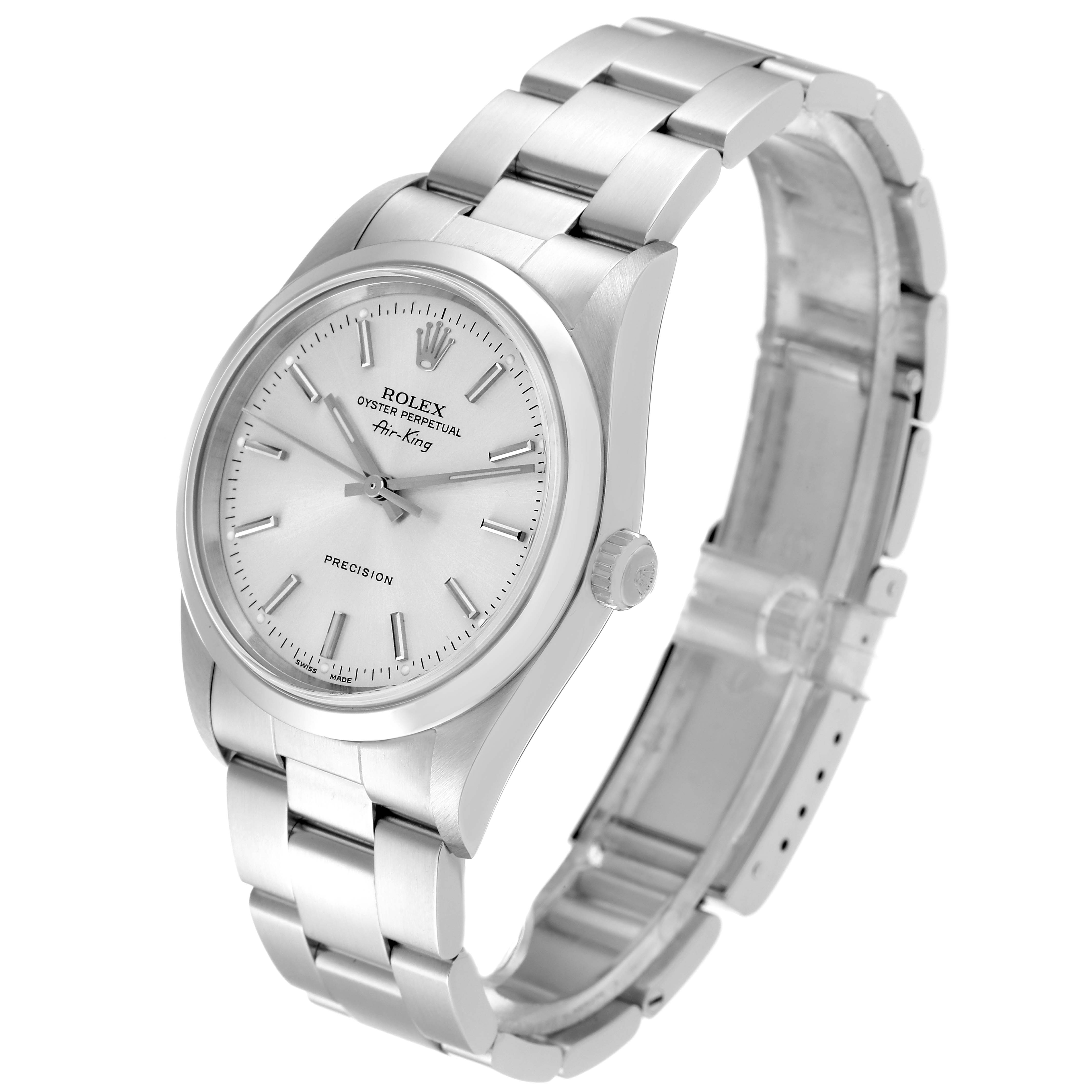 The image shows a Rolex Air-King 14000 Men's Stainless Steel Silver Dial 14000 Men's Stainless Steel Silver Dial watch at a slight angle, highlighting the dial, case, band, and crown.