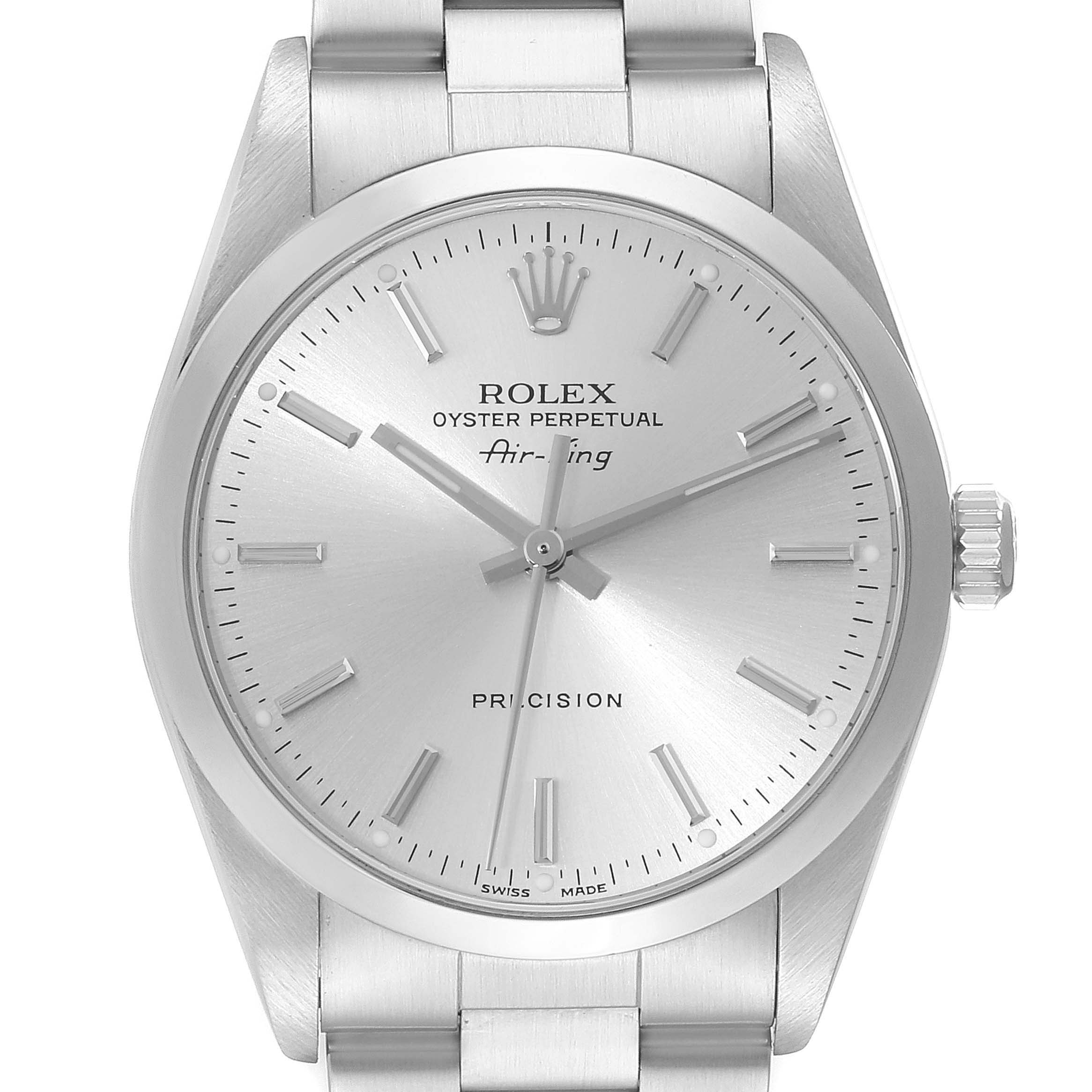 This image shows a front view of the Rolex Air-King 14000 Men's Stainless Steel Silver Dial 14000 Men's Stainless Steel Silver Dial watch, focusing on its dial, hands, and bracelet attachment.