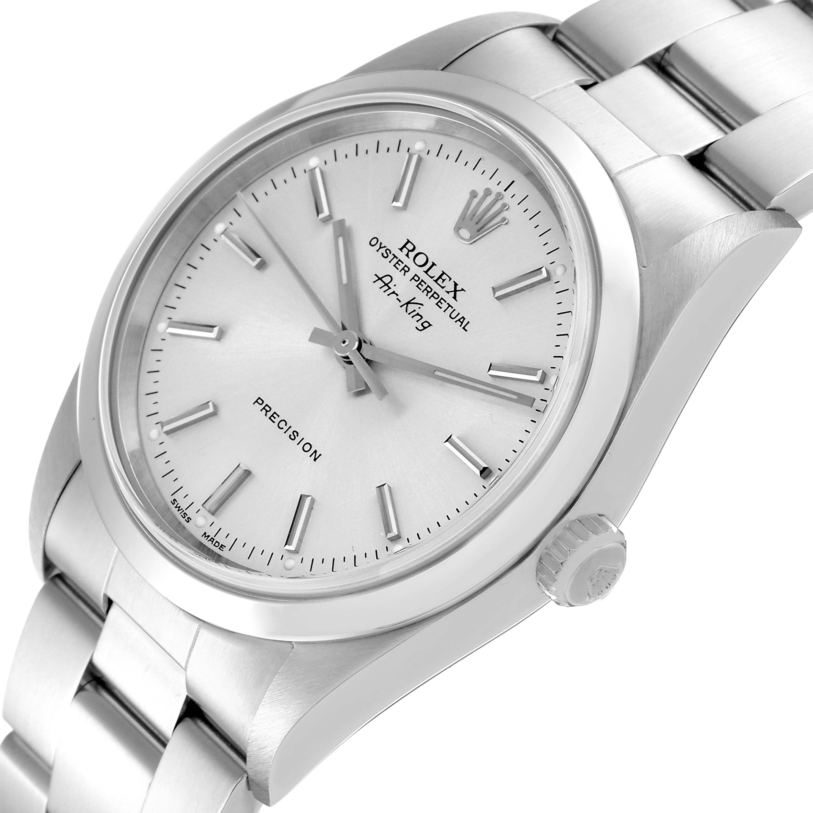 The image shows a close-up view of the Rolex Air-King 14000 Men's Stainless Steel Silver Dial 14000 Men's Stainless Steel Silver Dial watch, highlighting the dial, bezel, crown, and part of the bracelet.