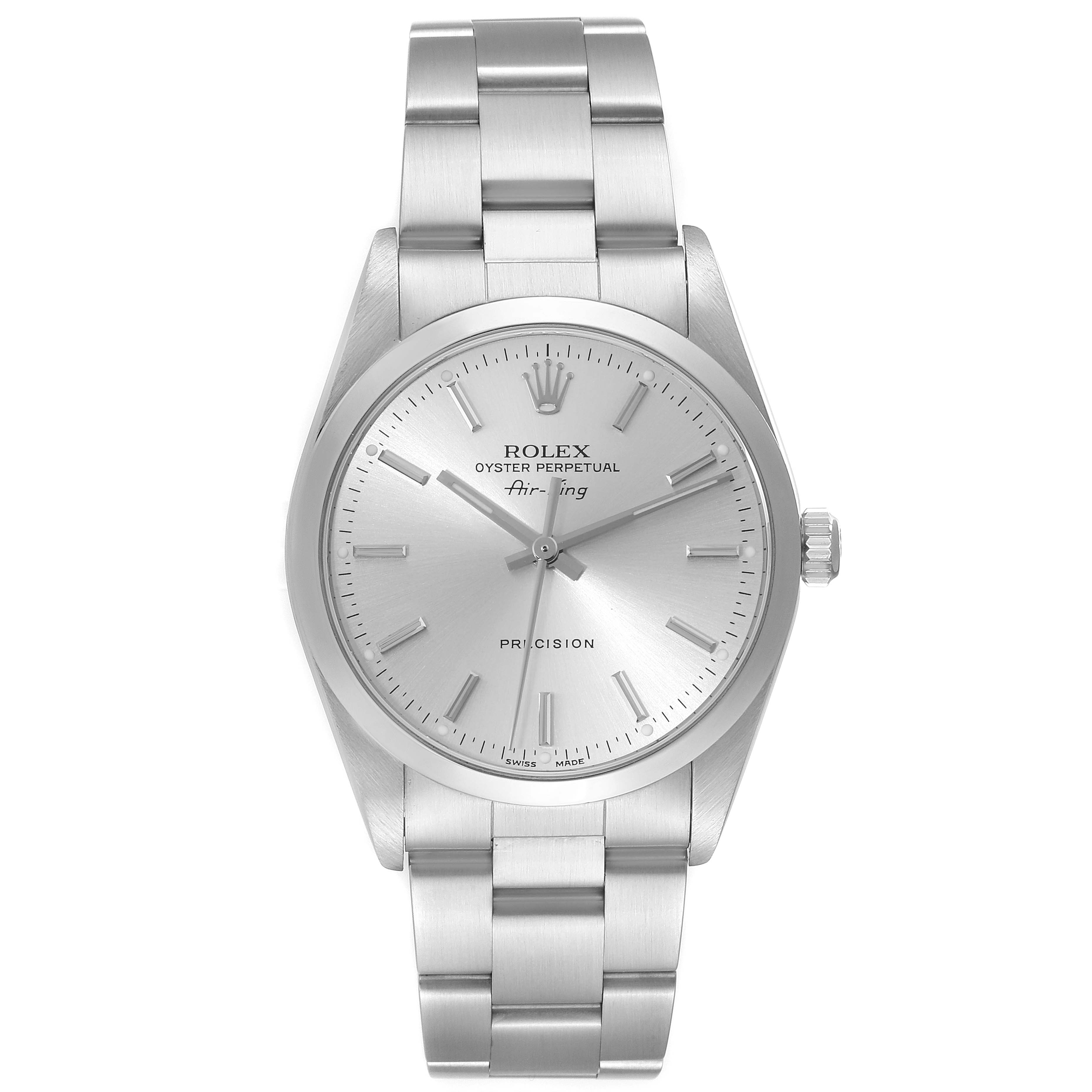 The image shows a front view of the Rolex Air-King 14000 Men's Stainless Steel Silver Dial 14000 Men's Stainless Steel Silver Dial watch, including the dial, case, and bracelet.