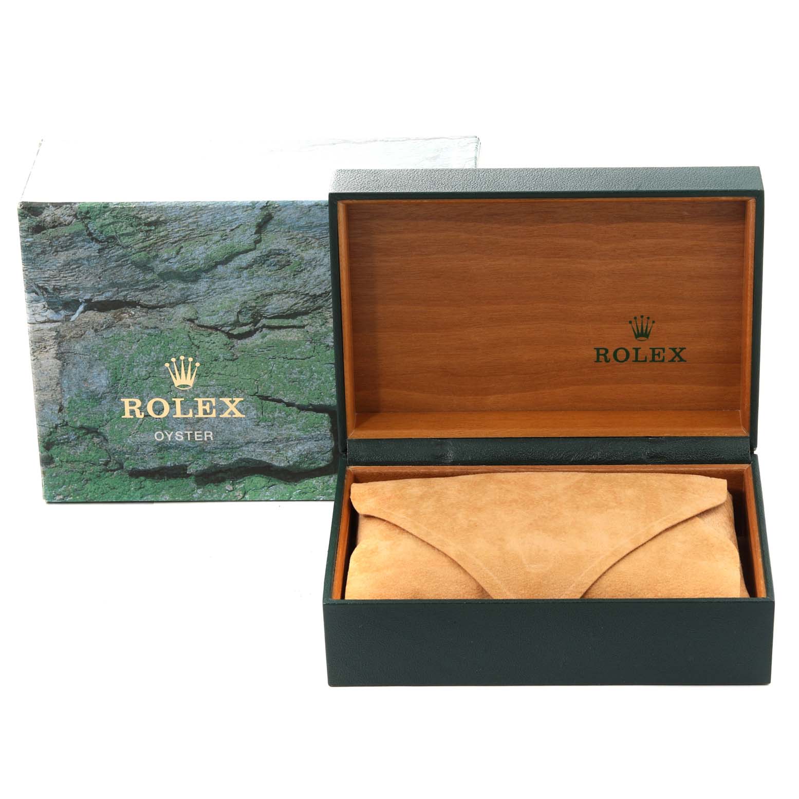 The image shows the open box for a Rolex Air-King 14000 Men's Stainless Steel Silver Dial 14000 Men's Stainless Steel Silver Dial watch with a protective pouch inside.