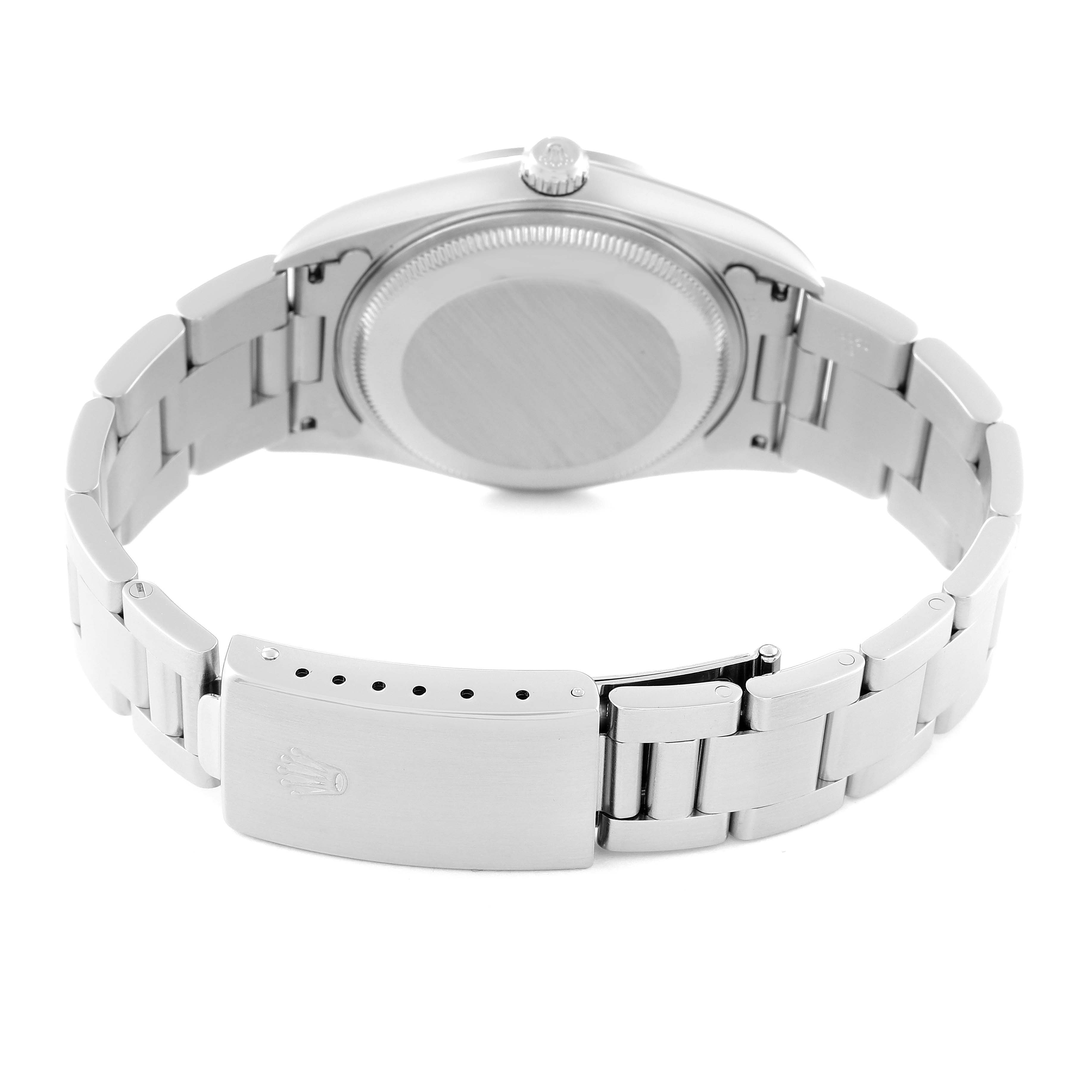 The image shows the back of a Rolex Air-King 14000 Men's Stainless Steel Silver Dial 14000 Men's Stainless Steel Silver Dial watch, highlighting the case back and the clasp of the bracelet.