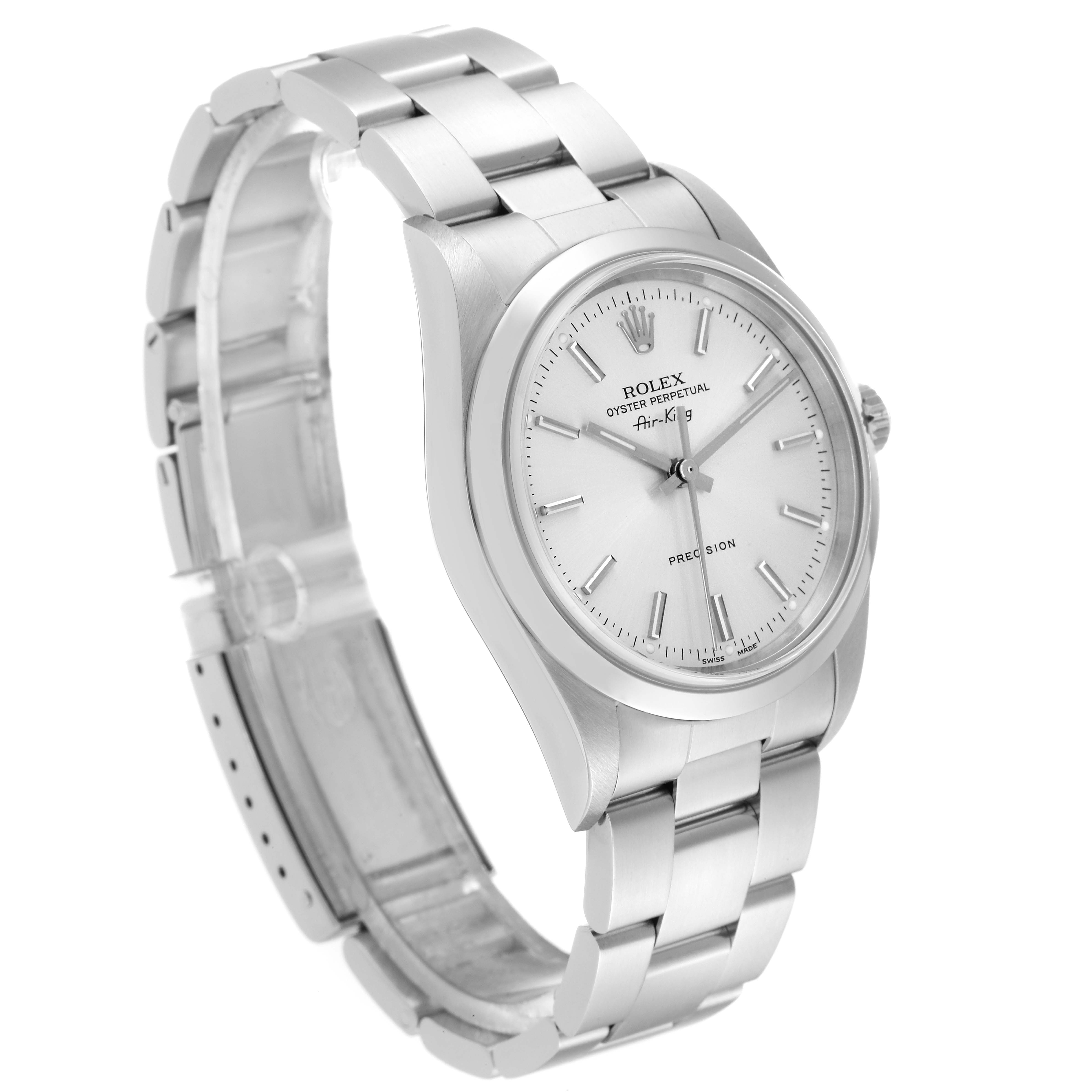 This image shows a side view of a Rolex Air-King 14000 Men's Stainless Steel Silver Dial 14000 Men's Stainless Steel Silver Dial watch, highlighting its face, bezel, and band.