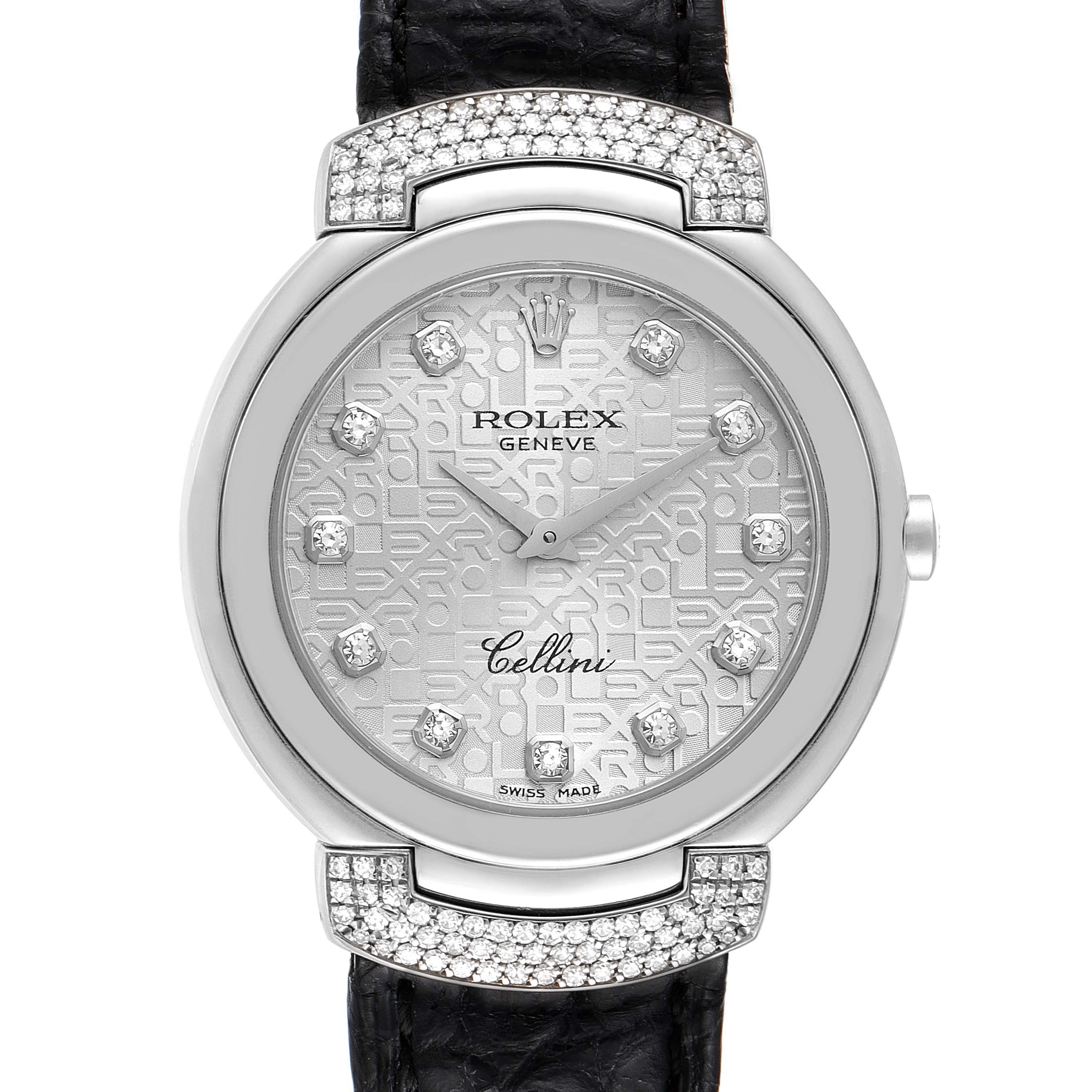 The Rolex Cellini 6682/9 Women's White Gold Silver Dial 6682/9 Women's White Gold Silver Dial watch is shown from a front angle, displaying the dial, bezel, and part of the leather strap.