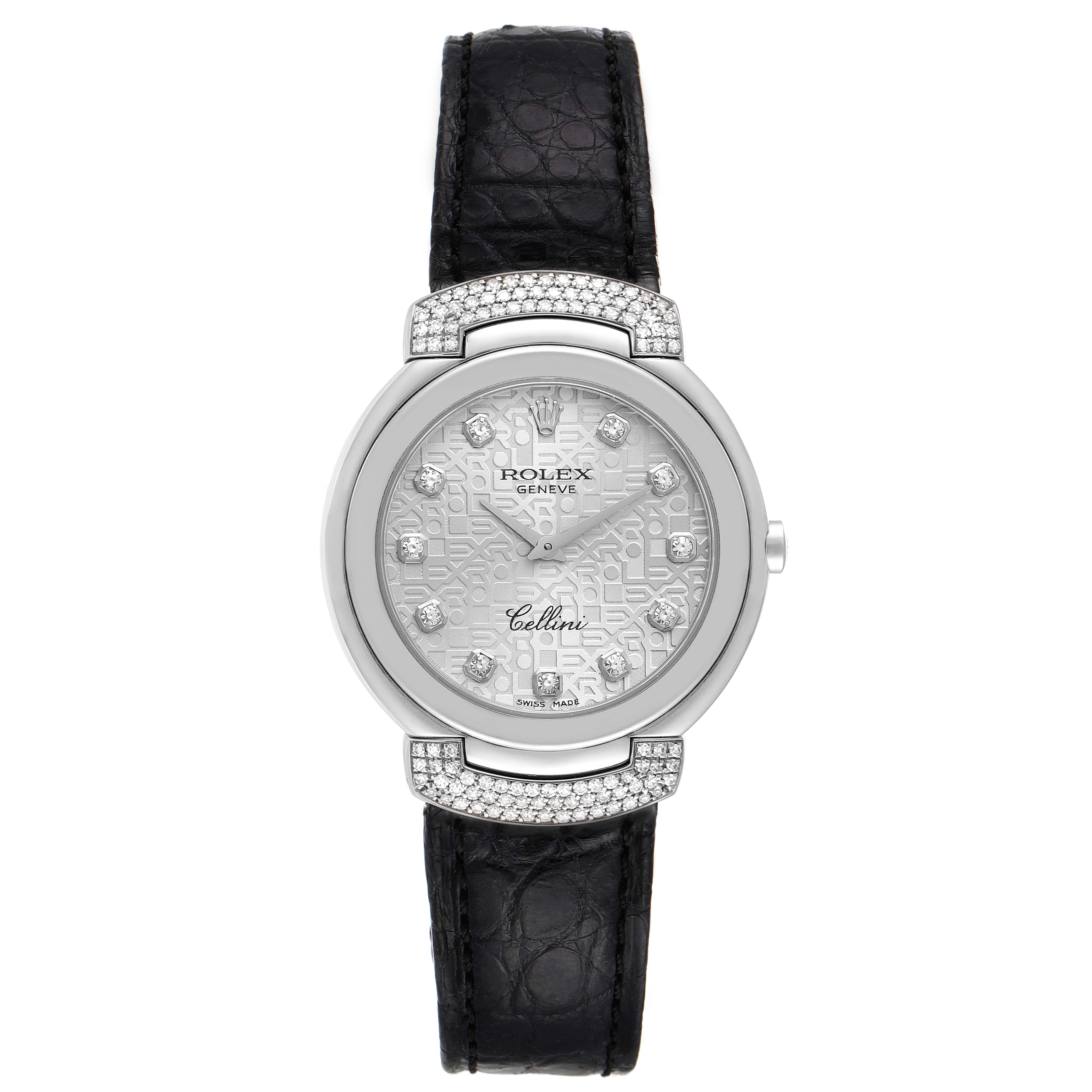 The image shows a Rolex Cellini 6682/9 Women's White Gold Silver Dial 6682/9 Women's White Gold Silver Dial model watch from a top-down angle, featuring its face, bezel, and black leather strap.