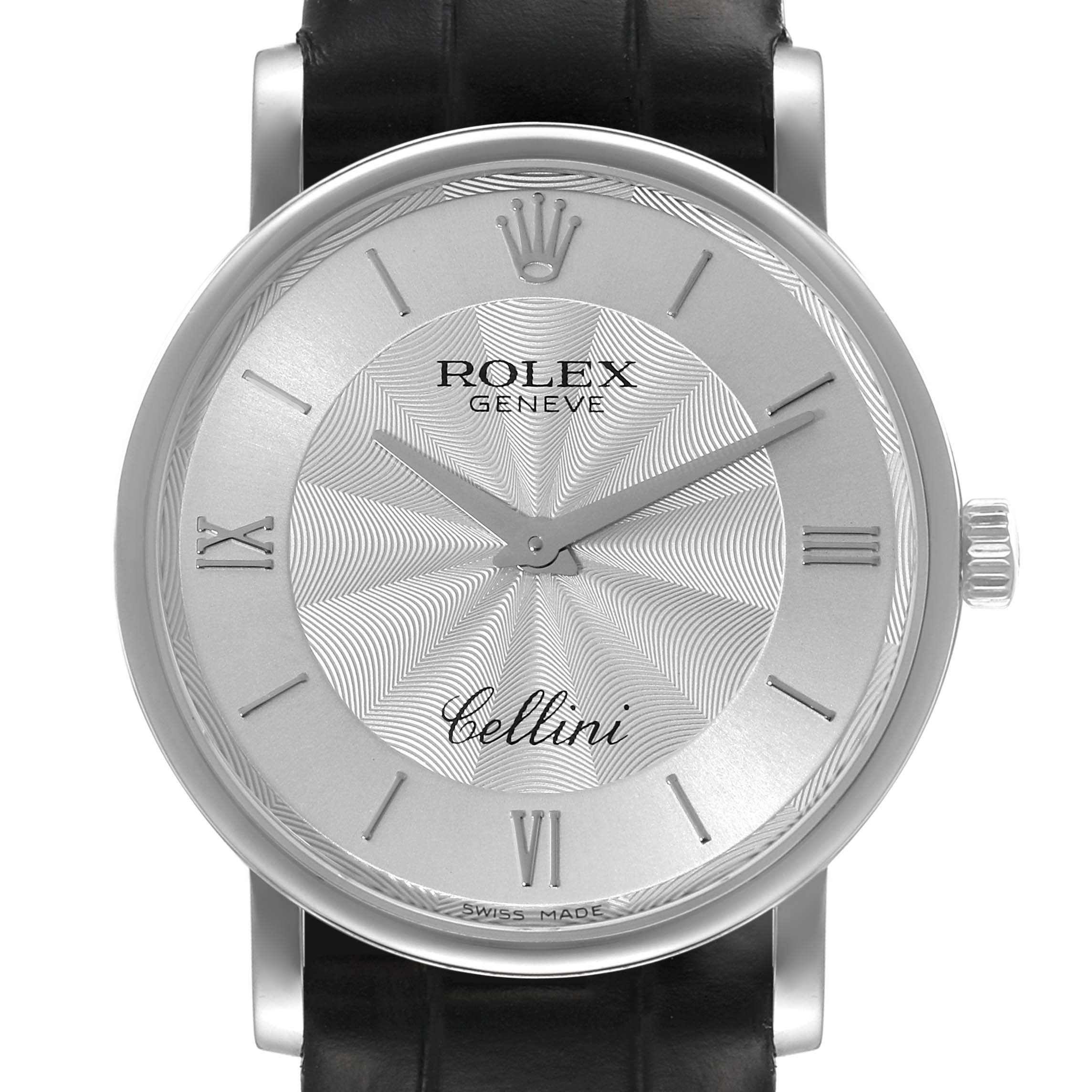 The Rolex Cellini 5115/9 Men
s White Gold Silver Dial 5115/9 Men
s White Gold Silver Dial watch is shown from a front angle, highlighting its face, dial, hands, crown, and strap attachment.