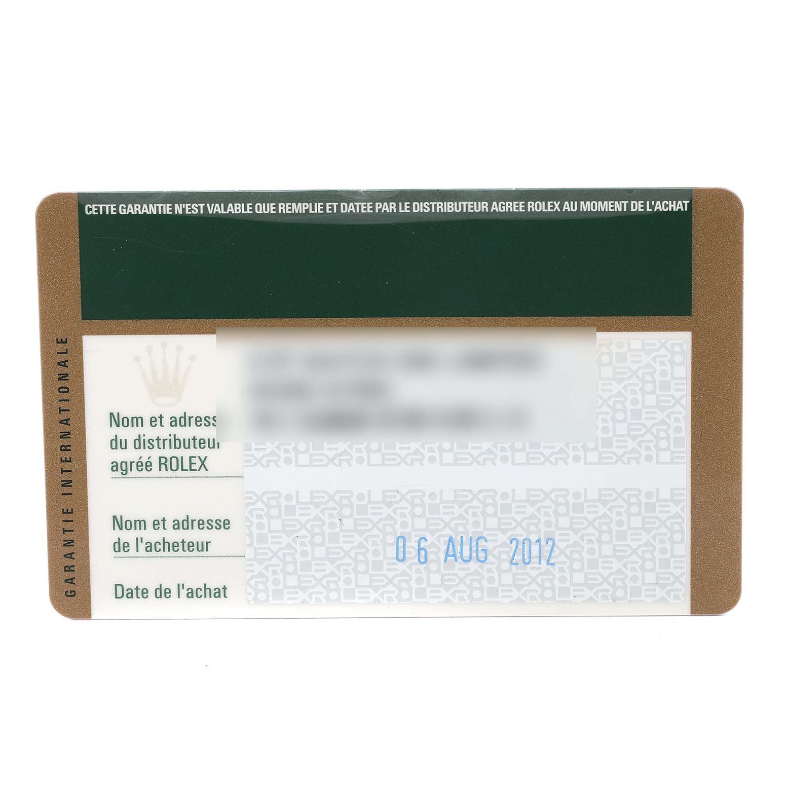 The image shows the warranty card for a Rolex Cellini 5115/9 Men
s White Gold Silver Dial 5115/9 Men
s White Gold Silver Dial model.