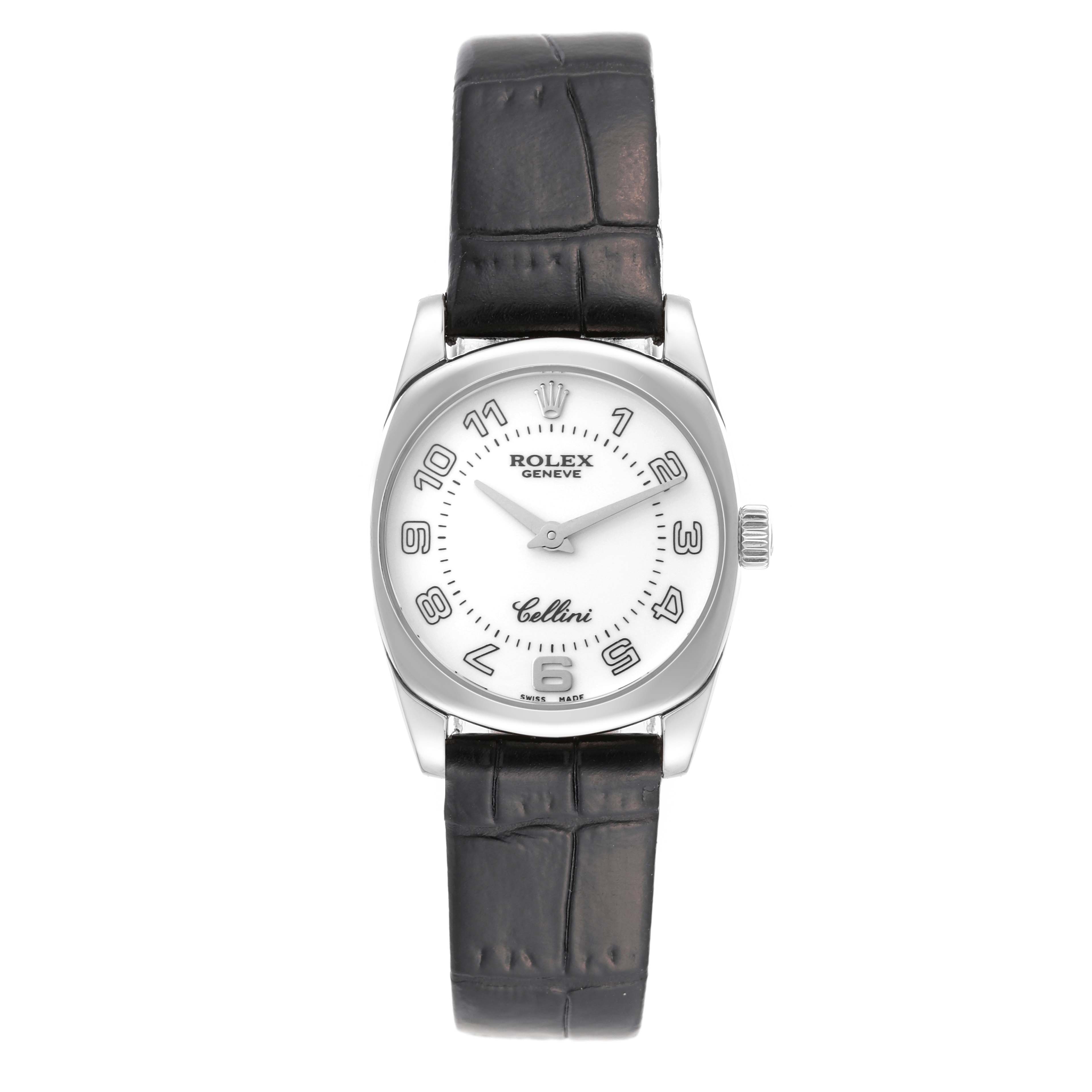 This image shows a front view of a Rolex Cellini 6229 Women's White Gold White Dial 6229 Women's White Gold White Dial watch, highlighting the dial, case, and leather strap.