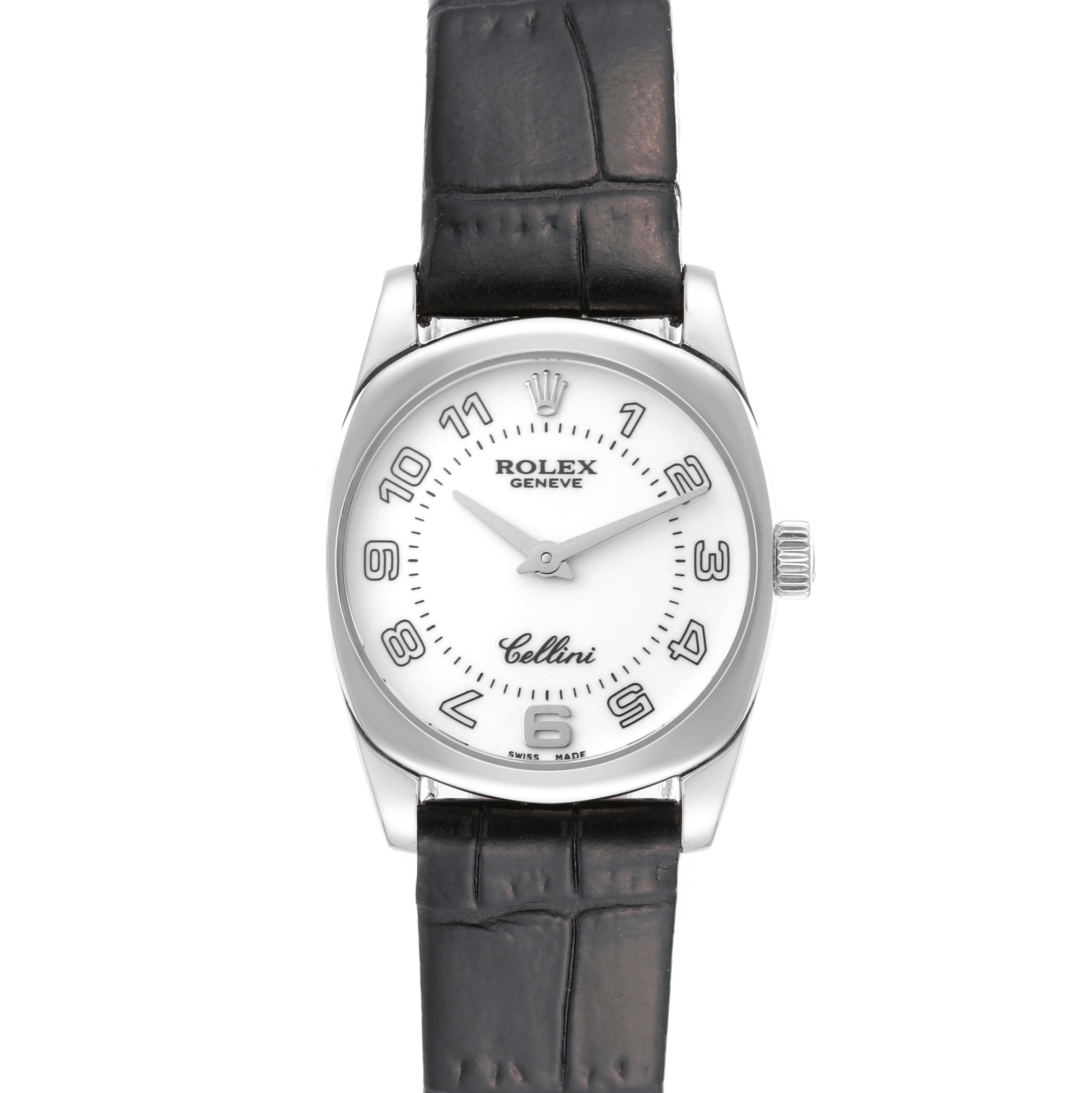 The image shows a front view of a Rolex Cellini 6229 Women's White Gold White Dial 6229 Women's White Gold White Dial watch, highlighting the dial, crown, and black leather strap.