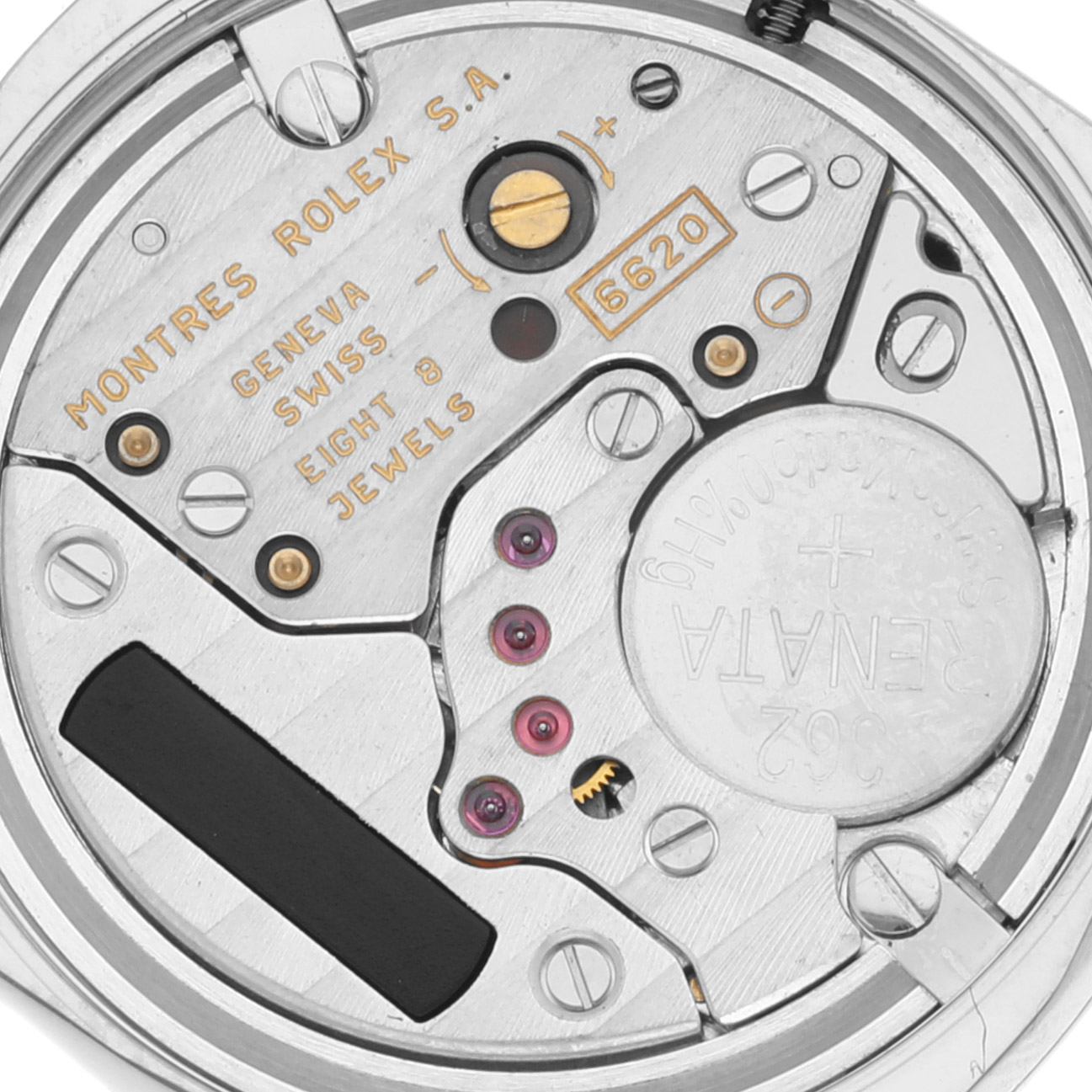 This image shows the internal mechanics of a Rolex Cellini 6229 Women's White Gold White Dial 6229 Women's White Gold White Dial model watch, featuring the movement and battery.