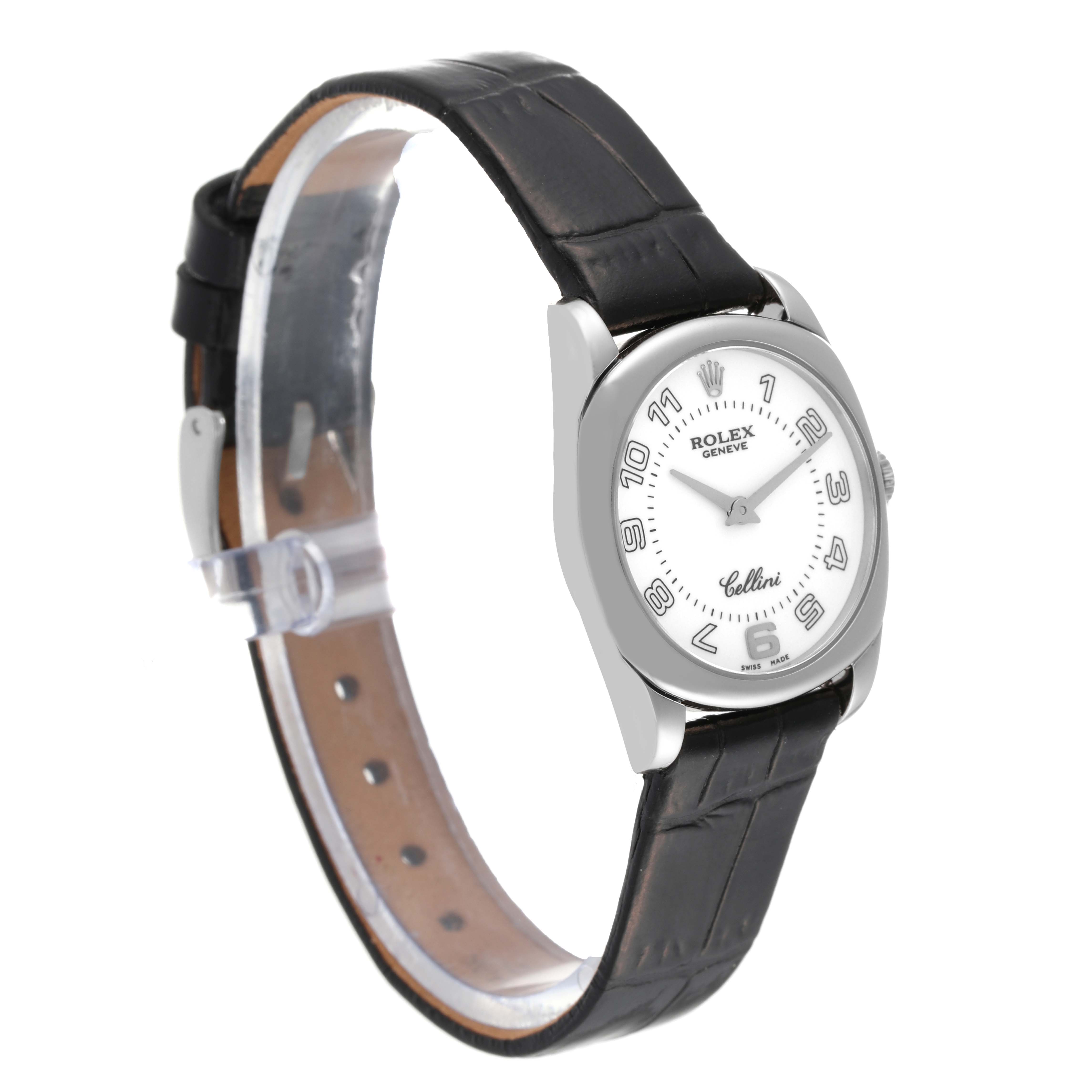 The image shows a front and right-side view of a Rolex Cellini 6229 Women's White Gold White Dial 6229 Women's White Gold White Dial watch with a black leather strap and a silver dial.
