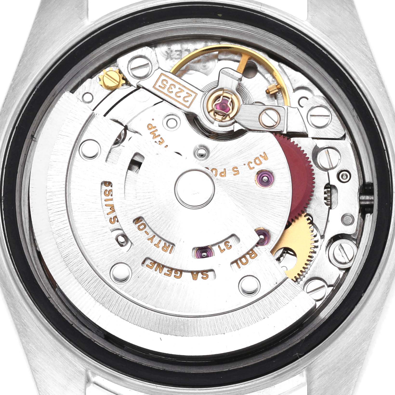 The image shows the back view of a Rolex Date 79160 Women's Stainless Steel Pink Dial 79160 Women's Stainless Steel Pink Dial model watch, highlighting its movement and intricate inner mechanisms.