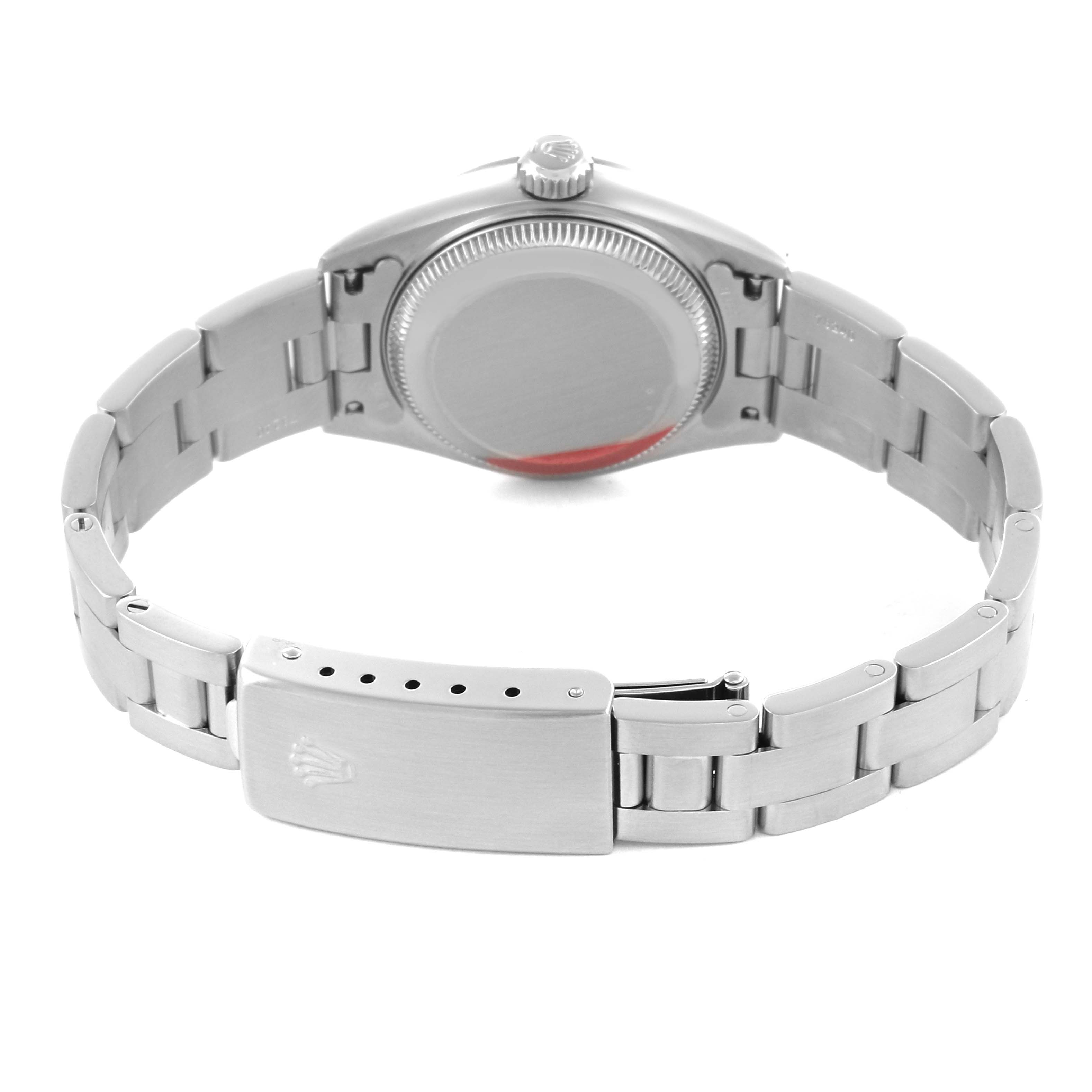 The image shows the back angle of the Rolex Date 79160 Women's Stainless Steel Pink Dial 79160 Women's Stainless Steel Pink Dial model, highlighting the case back, bracelet, and clasp.