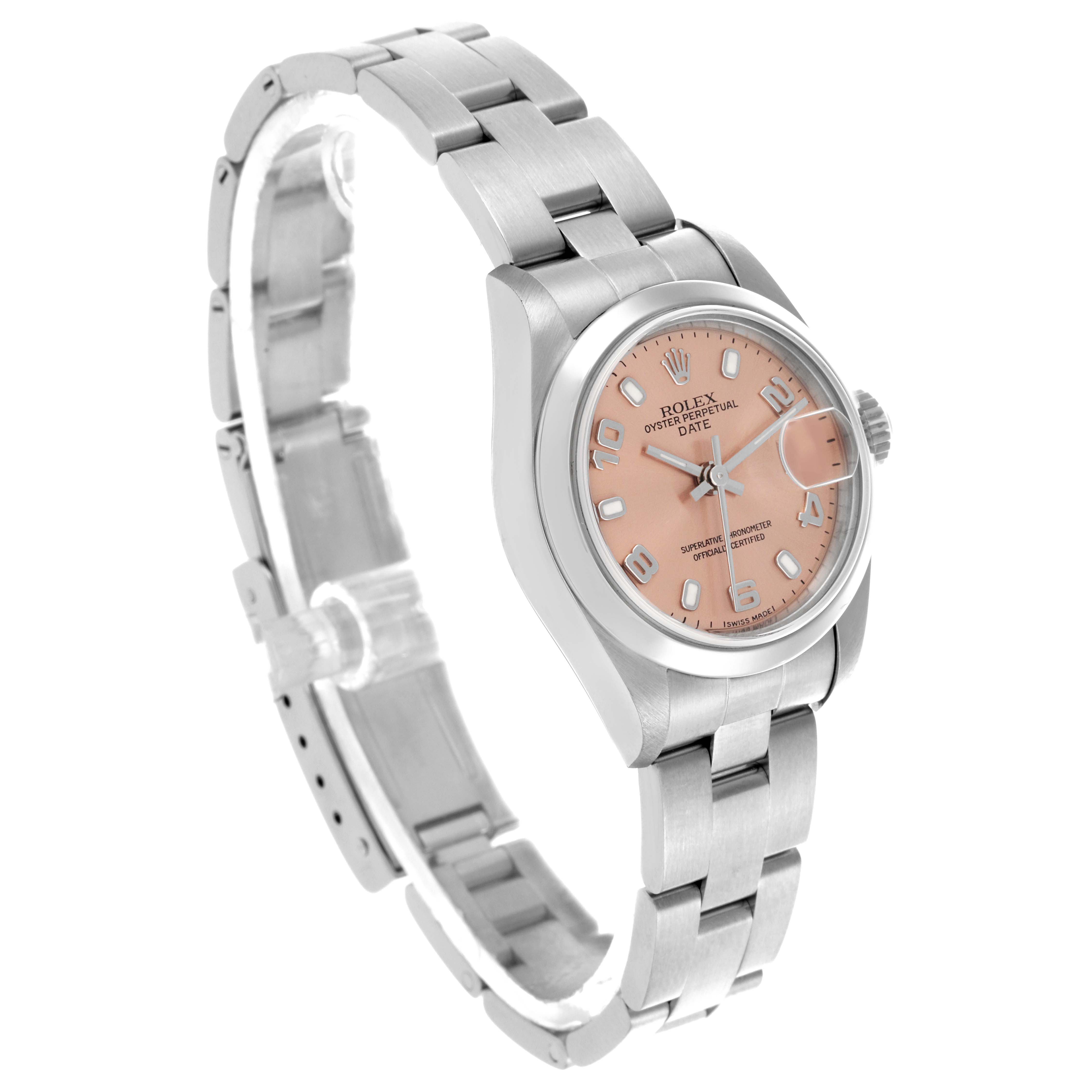 The Rolex Date 79160 Women's Stainless Steel Pink Dial 79160 Women's Stainless Steel Pink Dial watch is shown from a three-quarter front angle, highlighting the dial, case, and bracelet.