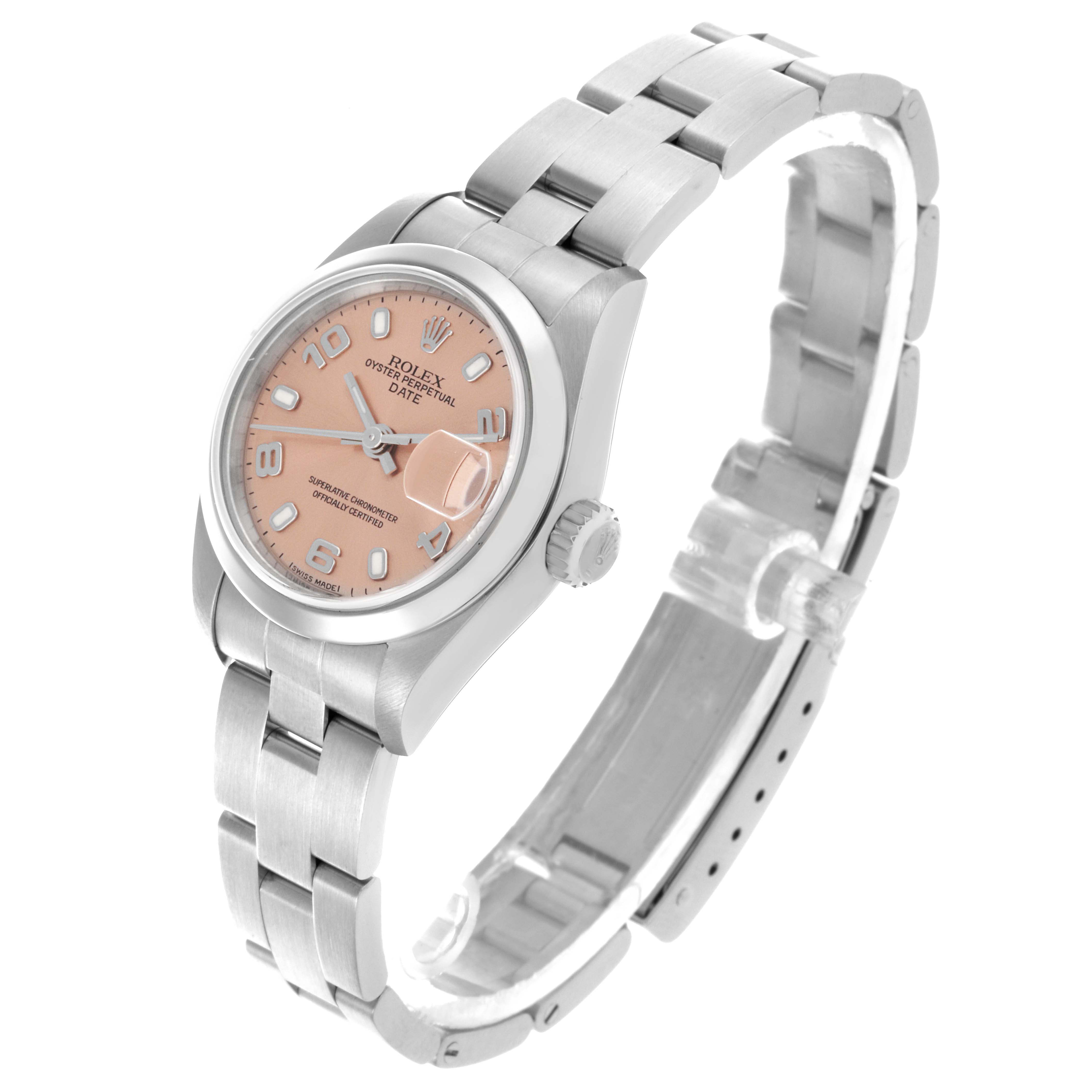 The Rolex Date 79160 Women's Stainless Steel Pink Dial 79160 Women's Stainless Steel Pink Dial watch is shown from a 3/4 angle, highlighting the face, bezel, crown, and bracelet.
