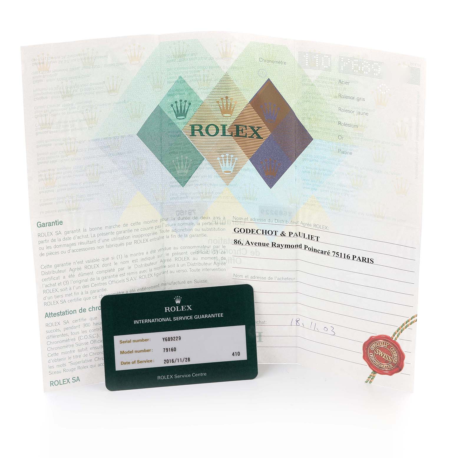 The image shows a Rolex Date 79160 Women's Stainless Steel Pink Dial 79160 Women's Stainless Steel Pink Dial model warranty card and service papers, featuring the Rolex logo and details.