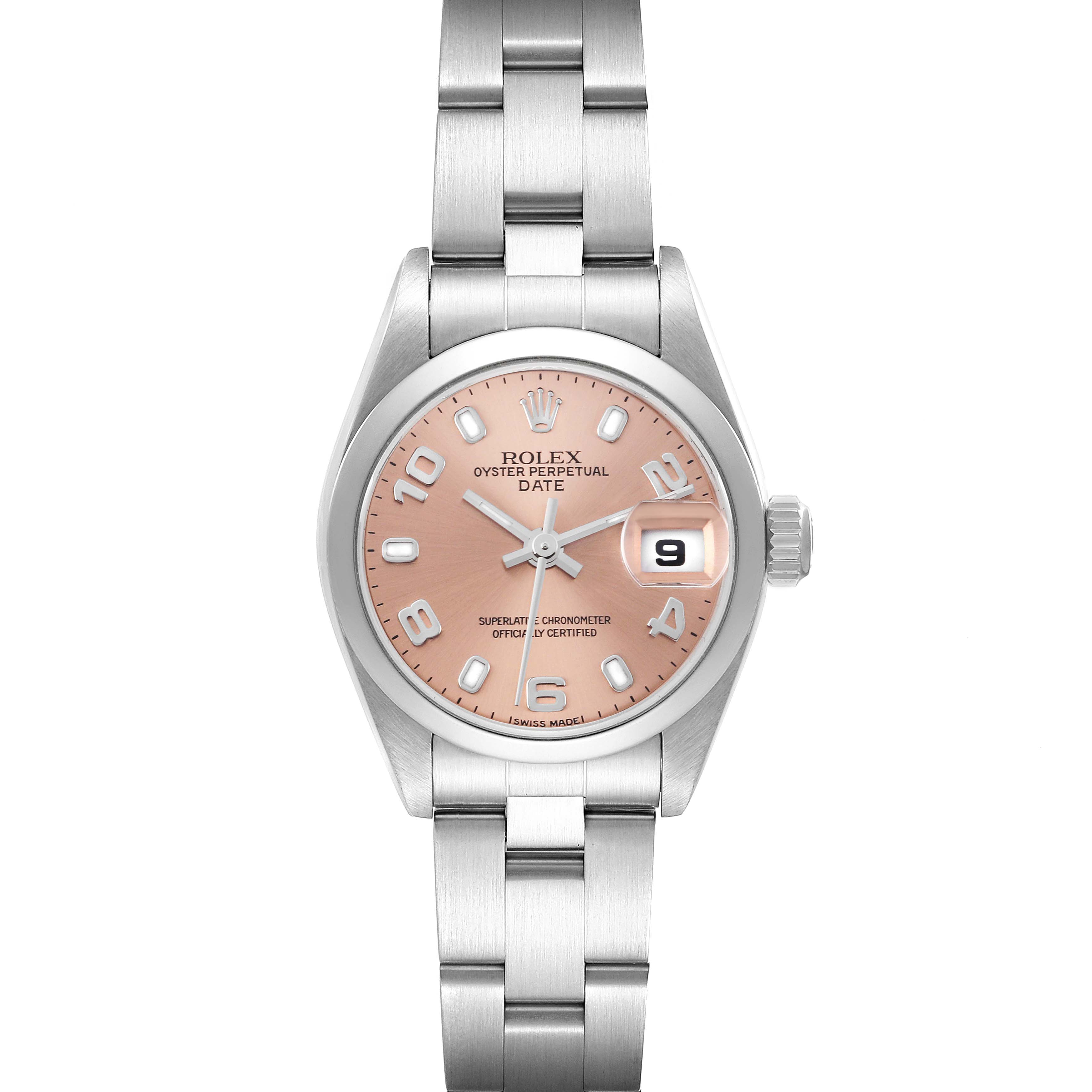The Rolex Date 79160 Women's Stainless Steel Pink Dial 79160 Women's Stainless Steel Pink Dial watch is shown from a top-down angle, displaying the face, bracelet, and date magnifier.