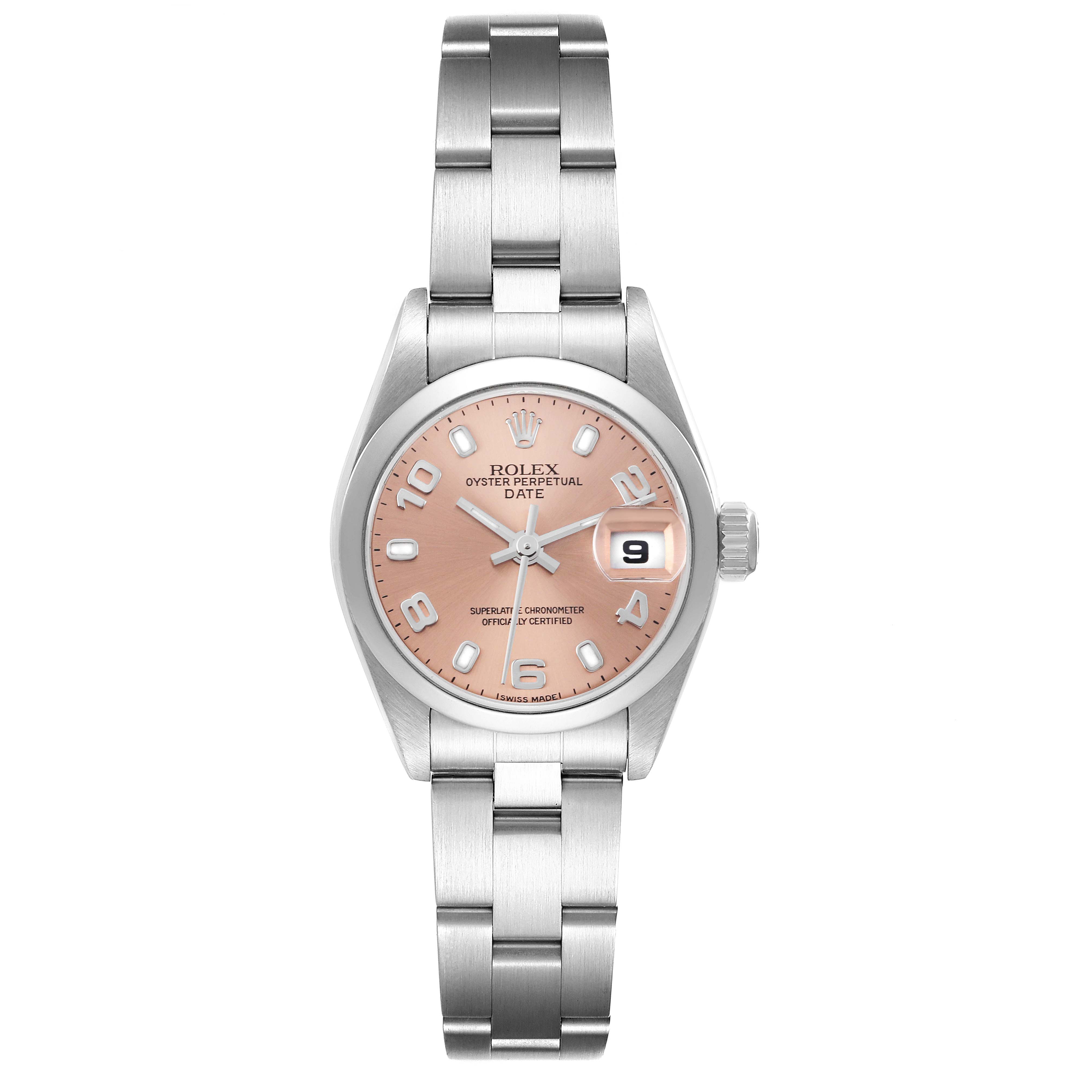 The Rolex Date 79160 Women's Stainless Steel Pink Dial 79160 Women's Stainless Steel Pink Dial watch is shown from a front angle, displaying the dial, bezel, and bracelet.