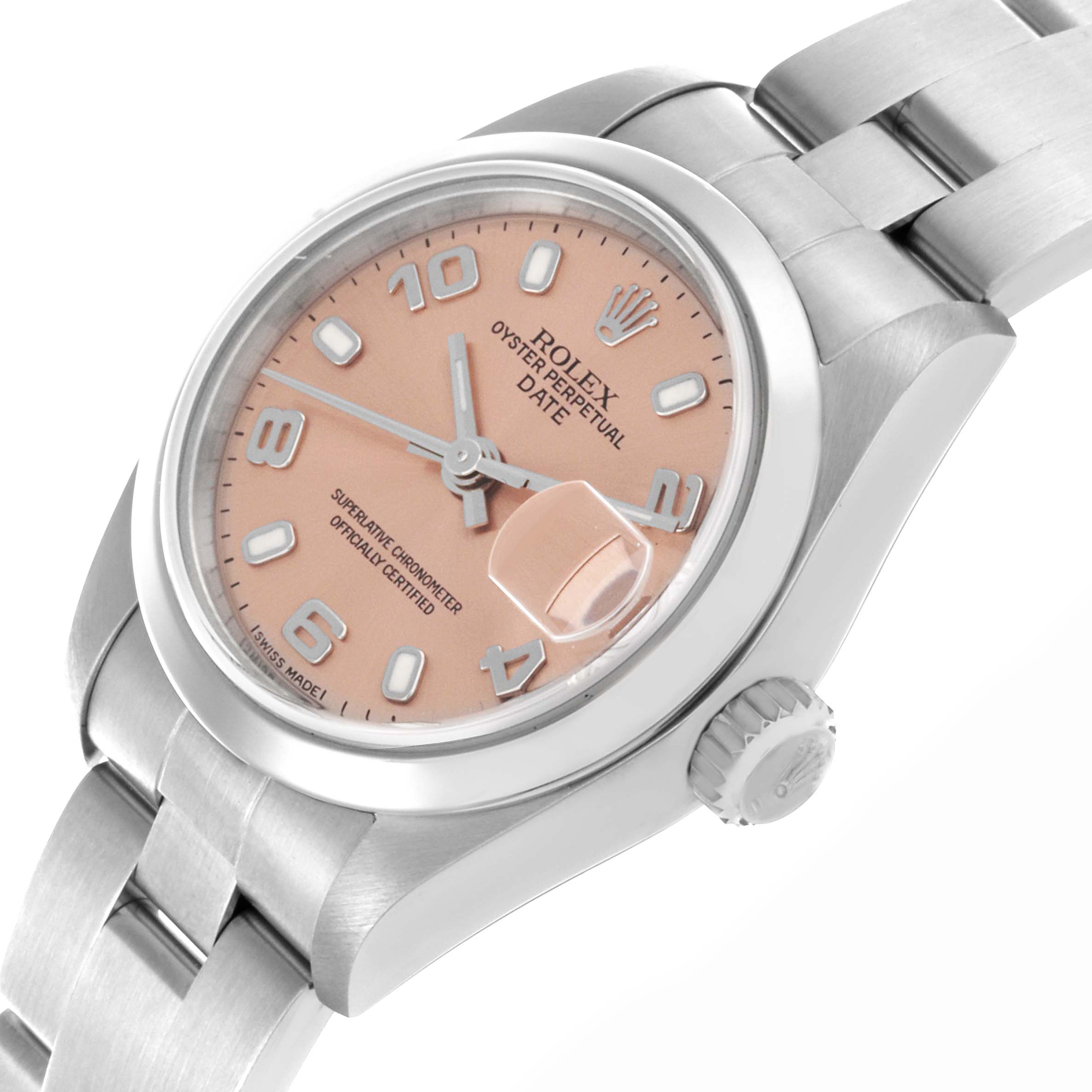The image shows a Rolex Date 79160 Women's Stainless Steel Pink Dial 79160 Women's Stainless Steel Pink Dial watch angled slightly from the side, revealing the face, crown, and part of the bracelet.