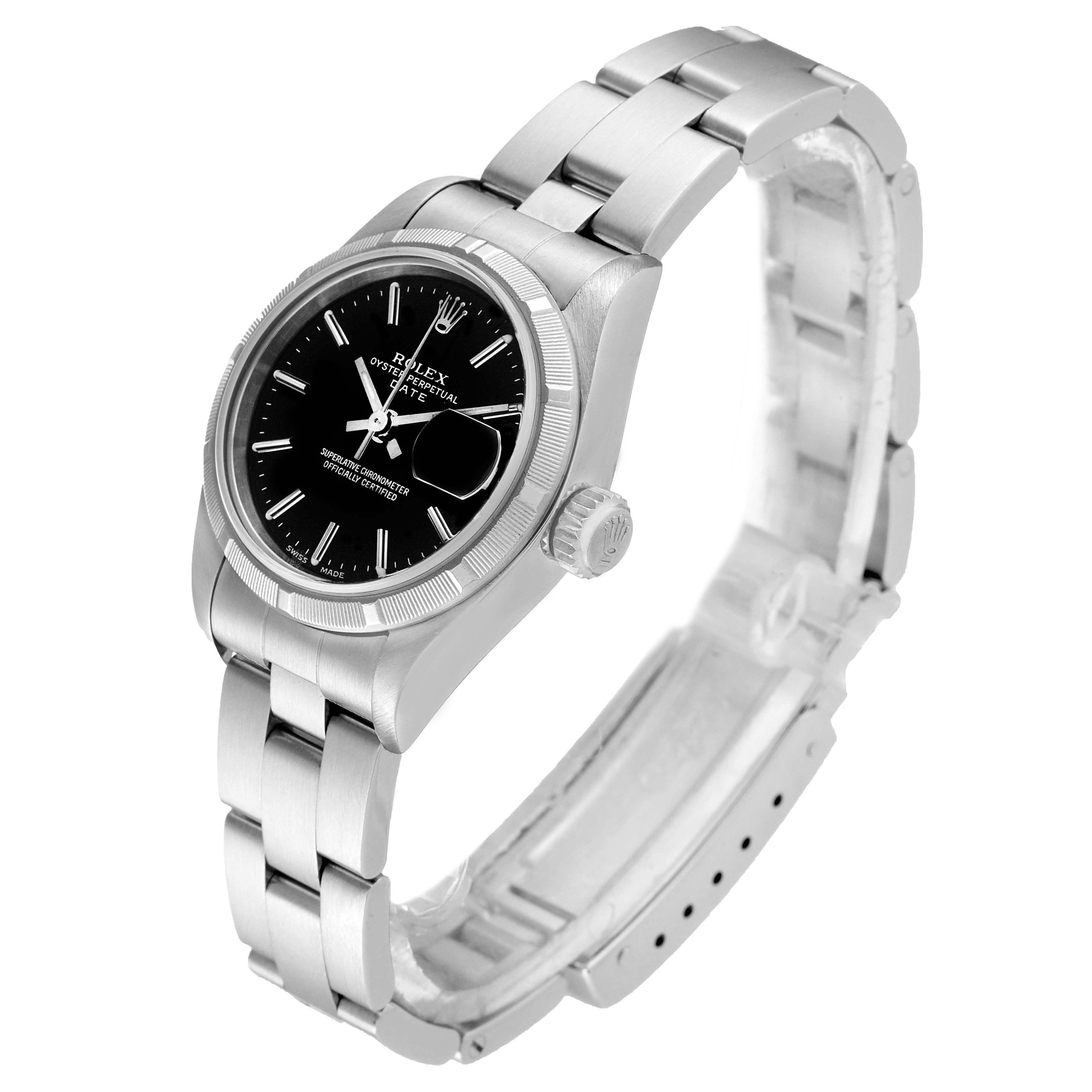 The image shows a side angle view of a Rolex Date 79190 Women's Stainless Steel Black Dial 79190 Women's Stainless Steel Black Dial model watch, highlighting its bracelet, case, dial, and crown.