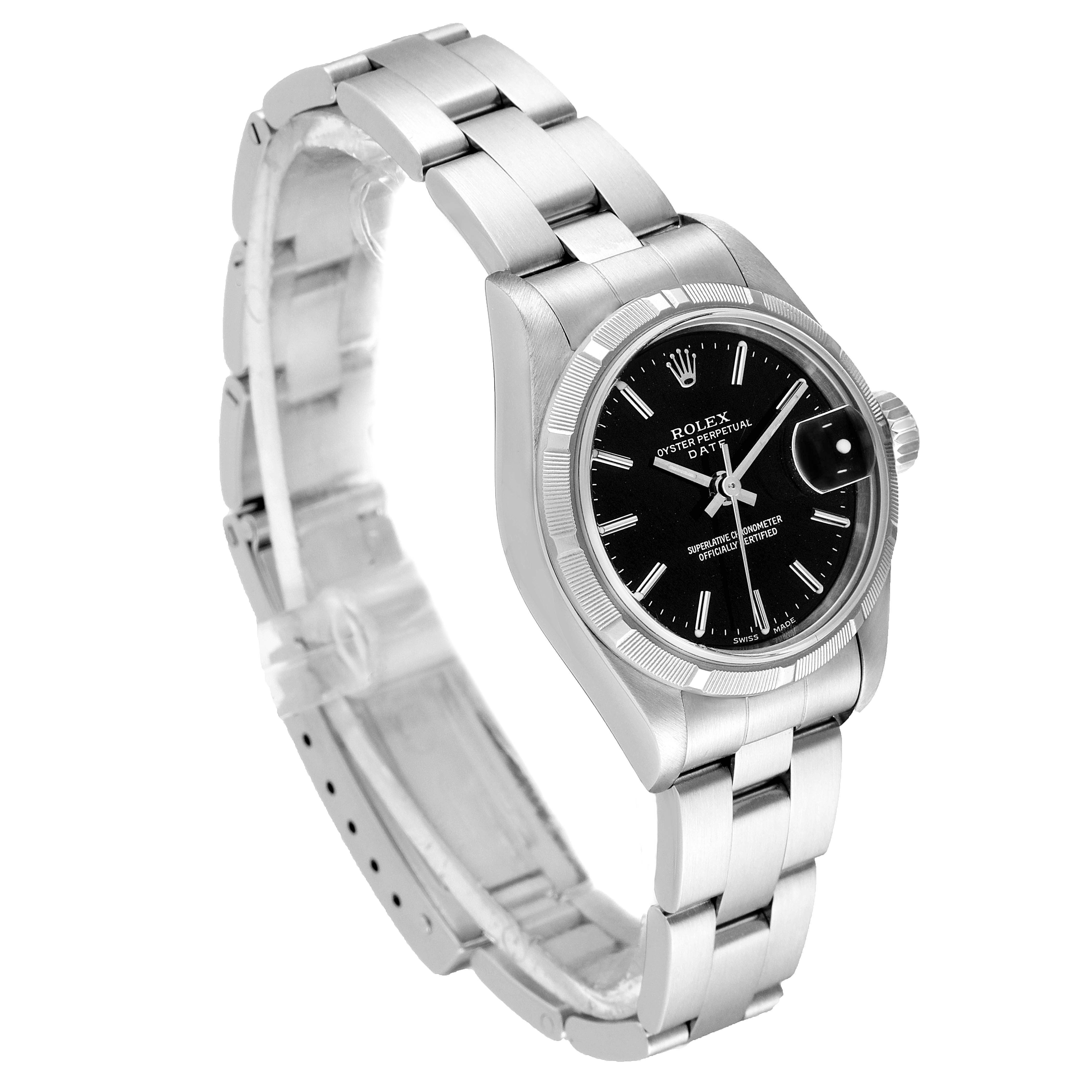 This image shows a side angle of the Rolex Date 79190 Women's Stainless Steel Black Dial 79190 Women's Stainless Steel Black Dial model watch, displaying the band, face, and case.
