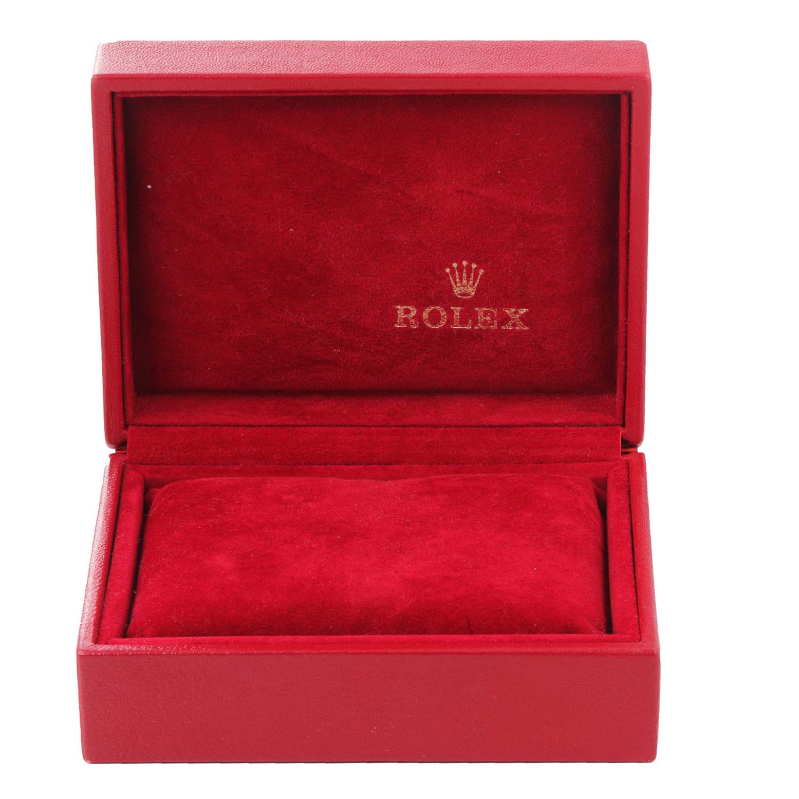 This image shows an open red watch box for a Rolex Date 79190 Women's Stainless Steel Black Dial 79190 Women's Stainless Steel Black Dial model, revealing the inner cushioning.