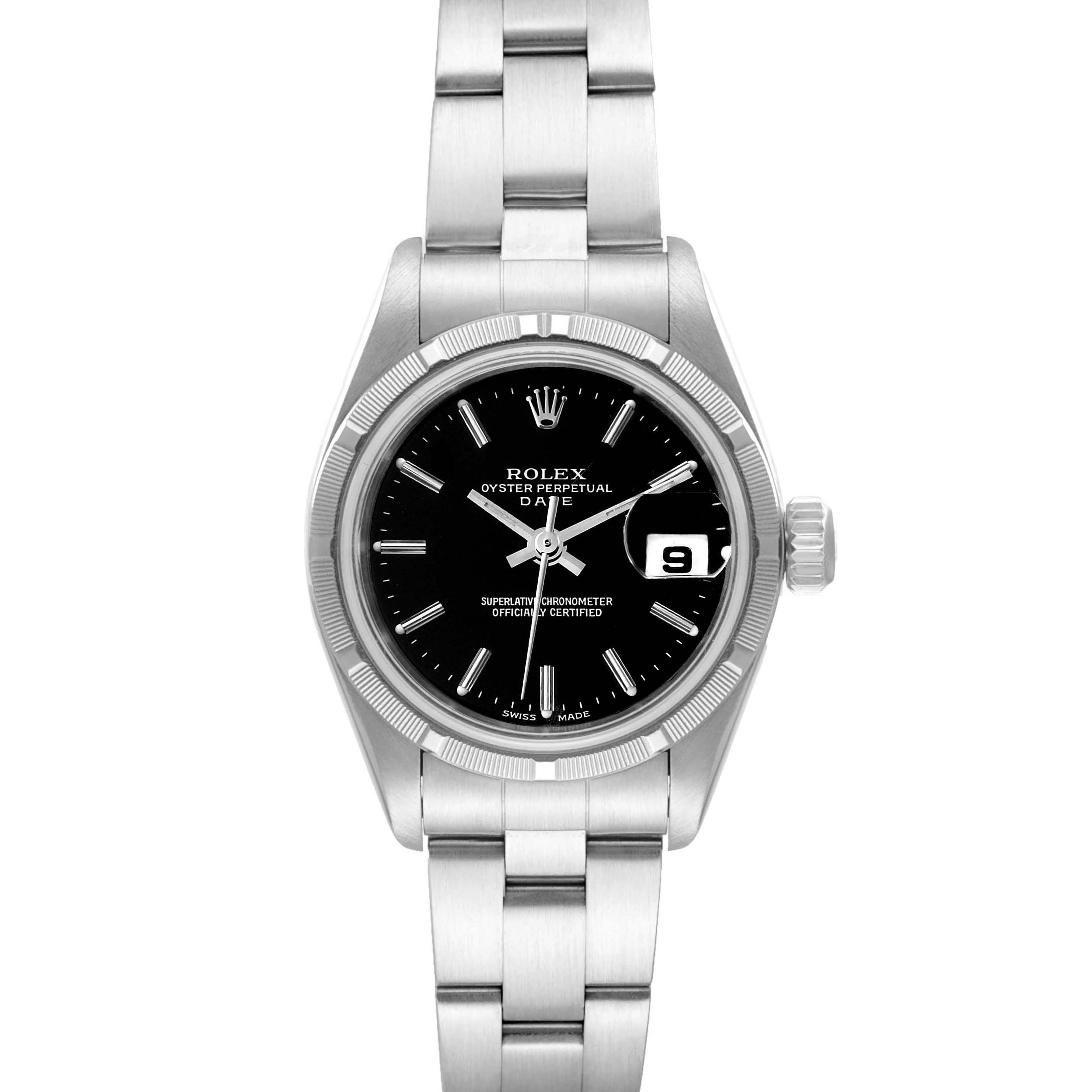 The Rolex Date 79190 Women's Stainless Steel Black Dial 79190 Women's Stainless Steel Black Dial model watch is shown from a top-down angle, highlighting its face, bezel, and bracelet.