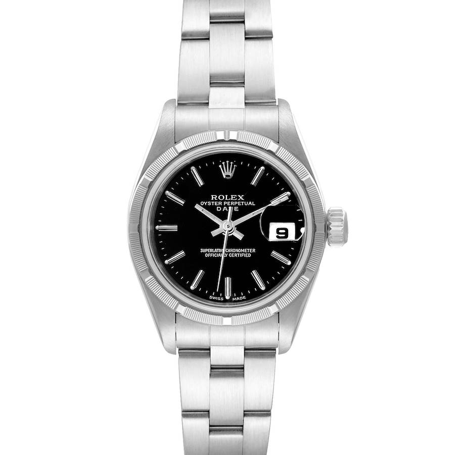 Rolex Date 26 Stainless Steel Black Baton Dial Ladies Watch 79190 SwissWatchExpo