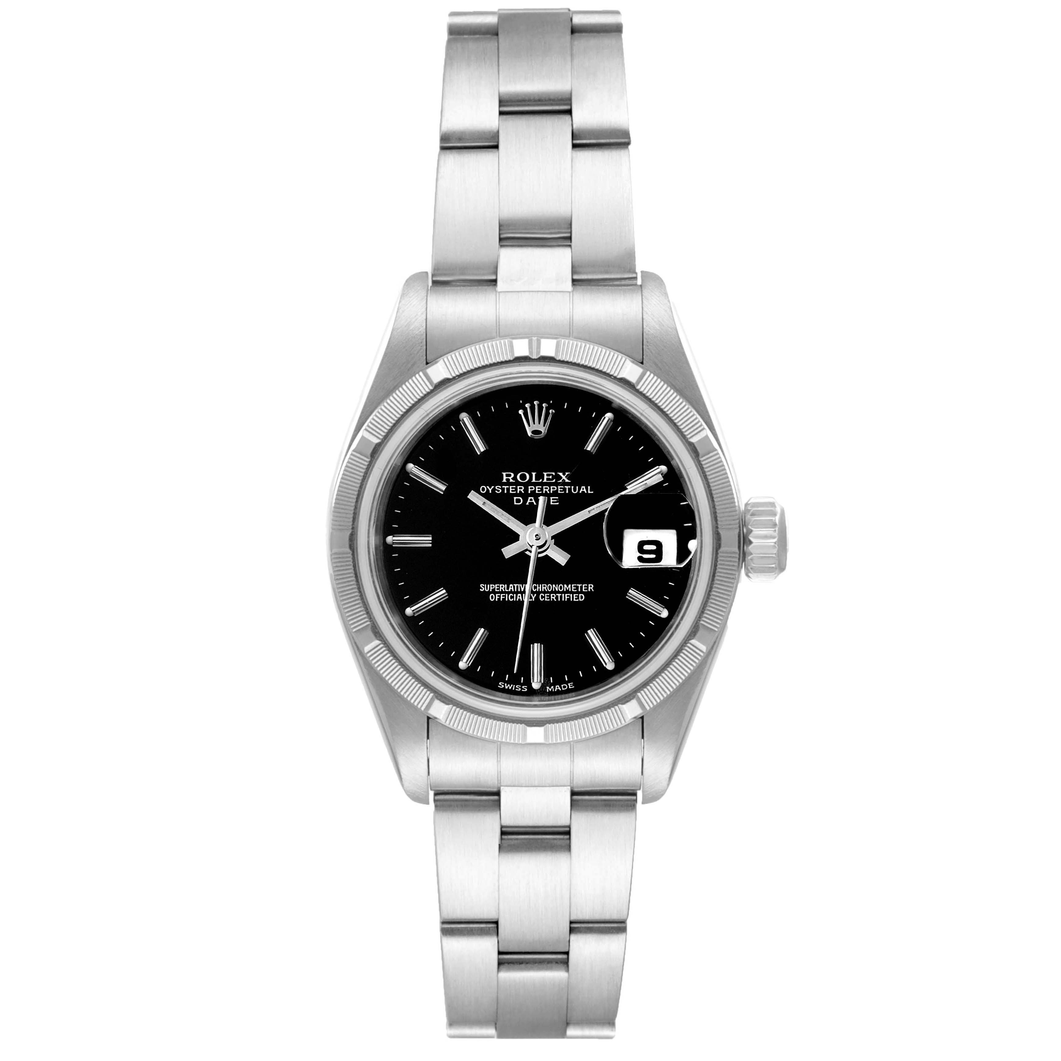 The image shows a Rolex Date 79190 Women's Stainless Steel Black Dial 79190 Women's Stainless Steel Black Dial model watch, featuring the watch face, bracelet, and date display at 3 o'clock.