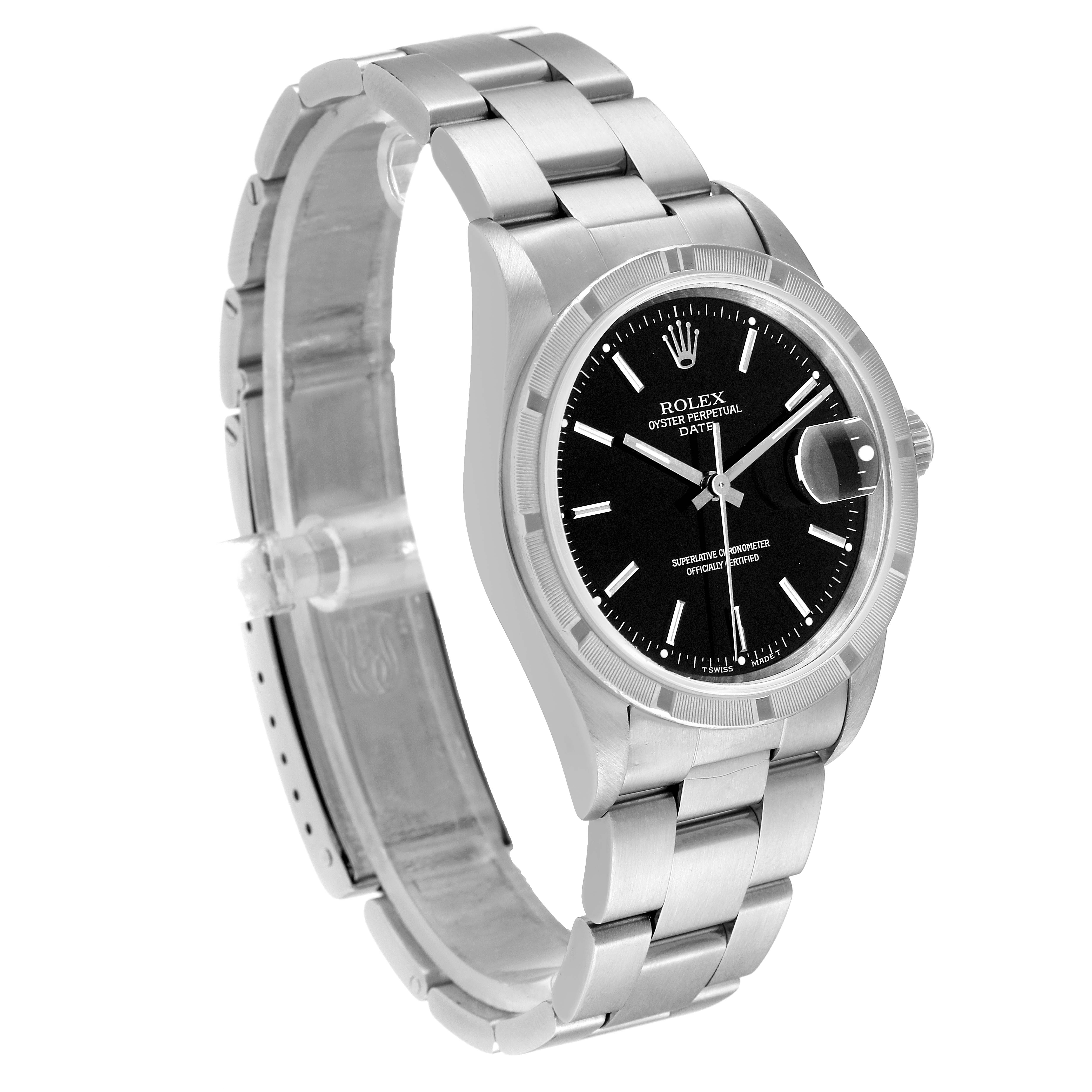 The image shows a Rolex Date 15210 Men
s Stainless Steel Black Dial 15210 Men
s Stainless Steel Black Dial model watch at an angled side view, displaying the dial, case, and bracelet.