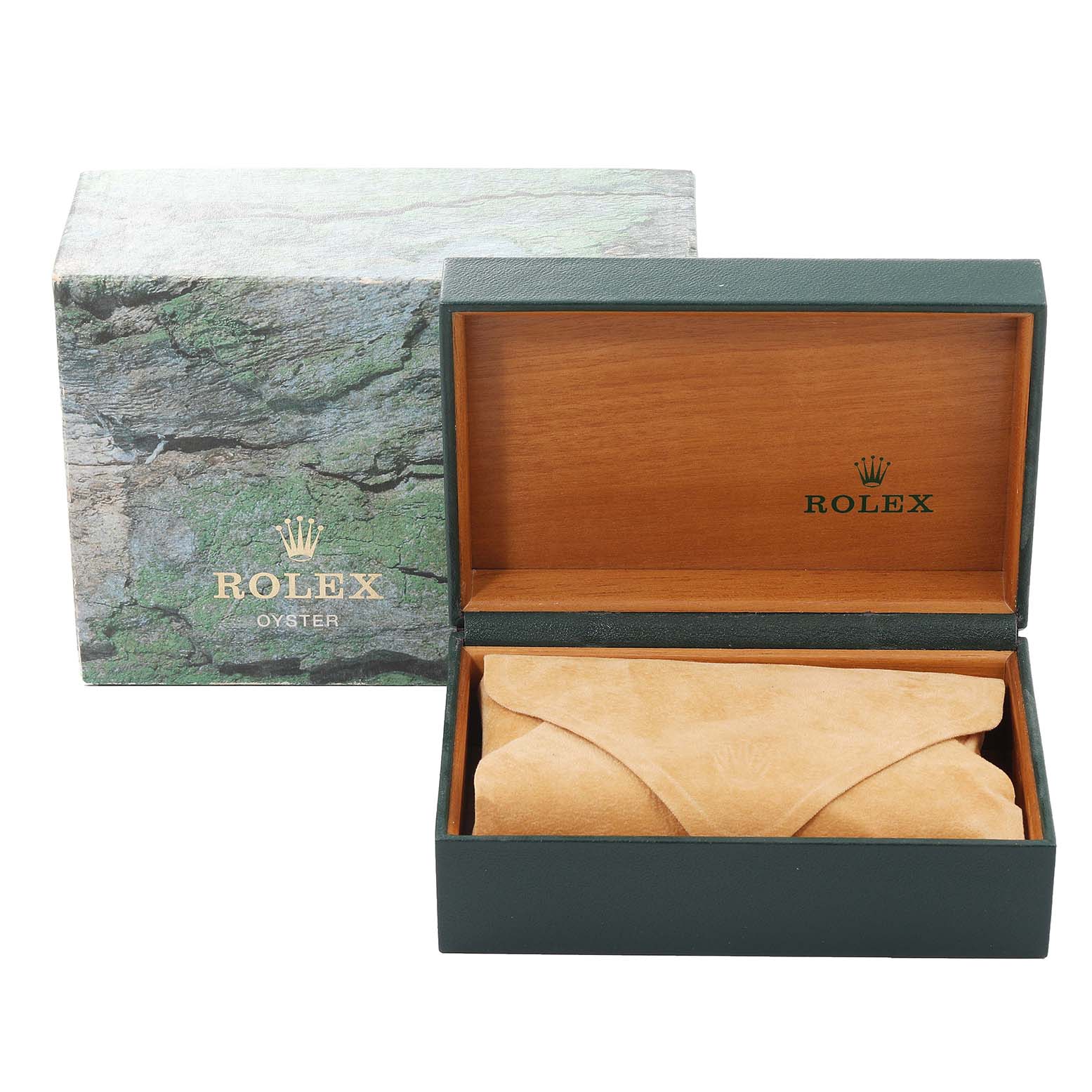 This image shows a Rolex Date 15210 Men
s Stainless Steel Black Dial 15210 Men
s Stainless Steel Black Dial model watch box and its packaging, viewed from a front angle.